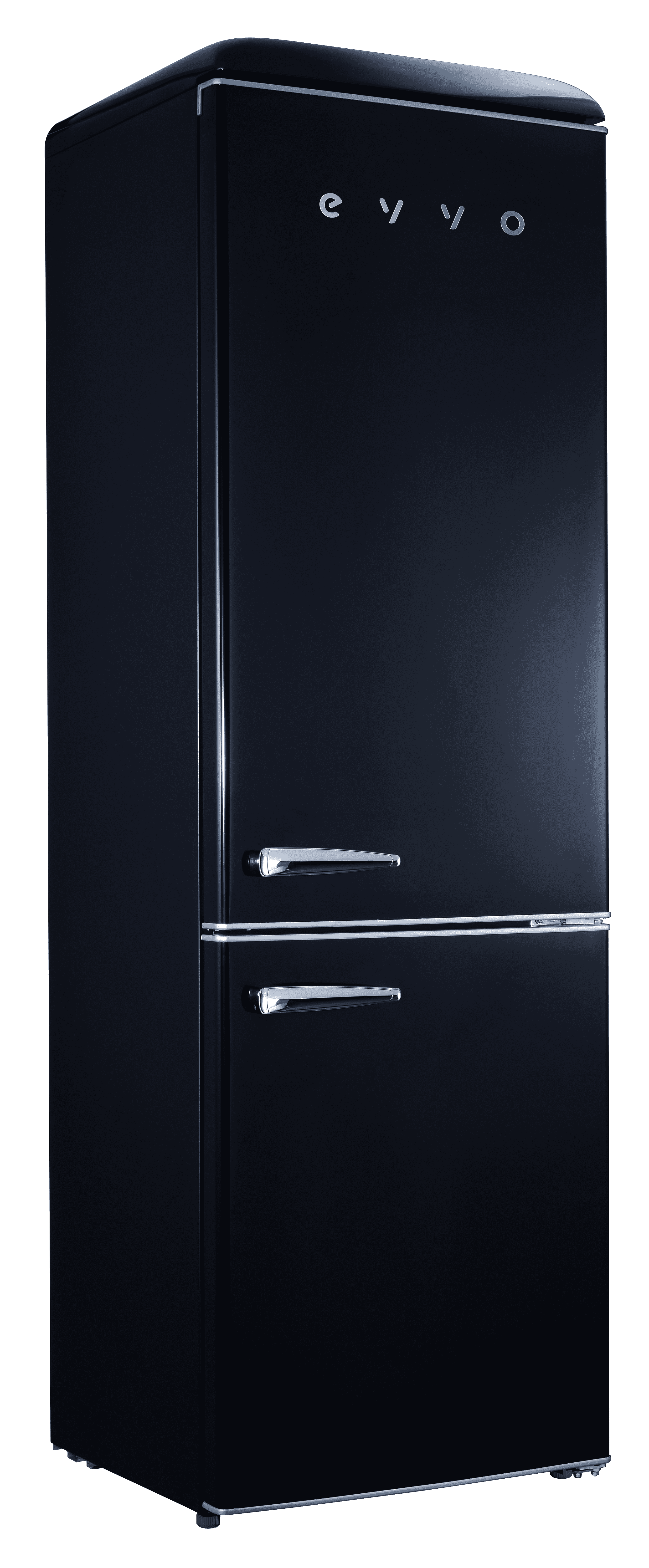 Refrigerador negro con dos puertas sobre fondo blanco.