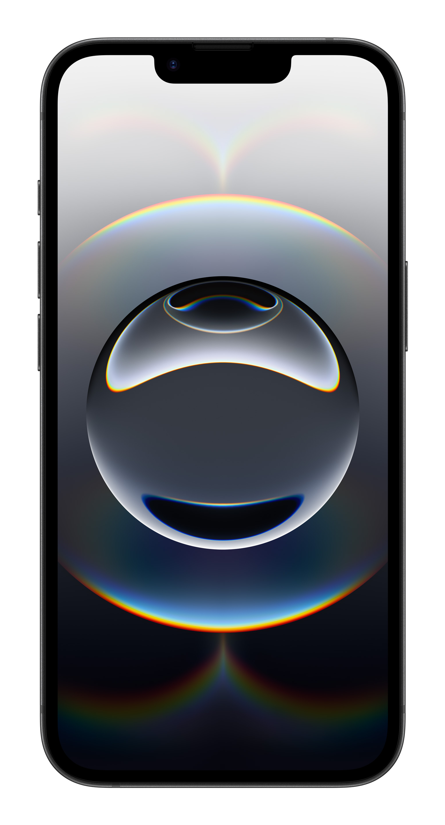 Smartphone met donker scherm, gradiënt met bolvormig design en donker frame.