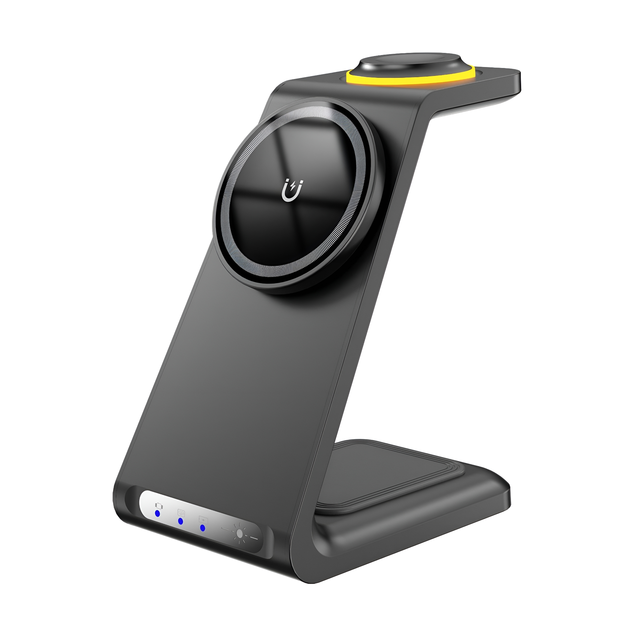 Eine schwarze kabellose Ladestation mit einem Telefon und einem kreisförmigen Ladefeld. Ein weißes Logo ist sichtbar.