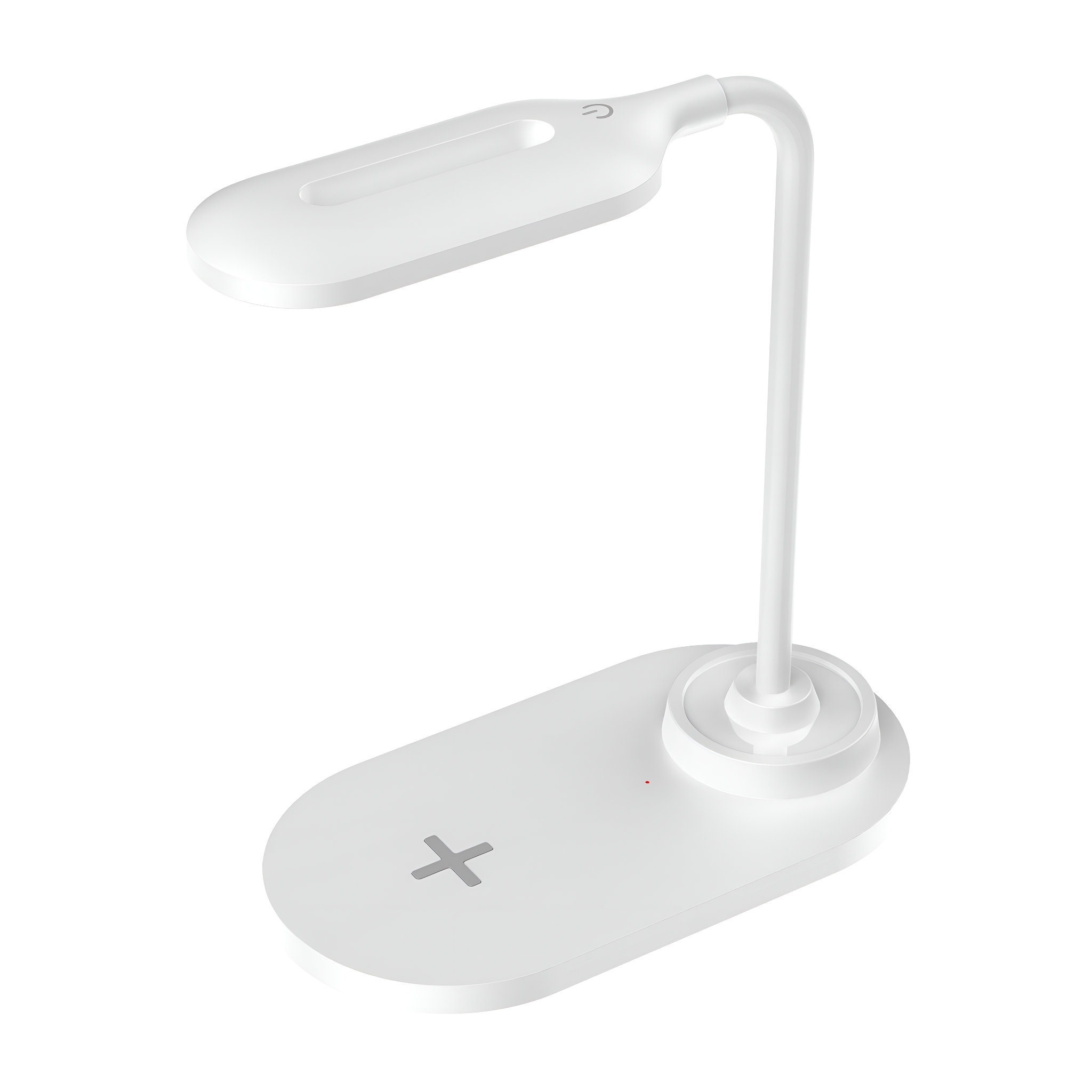 Eine weiße Schreibtischlampe mit Ladepad und Schwanenhals-Licht.
