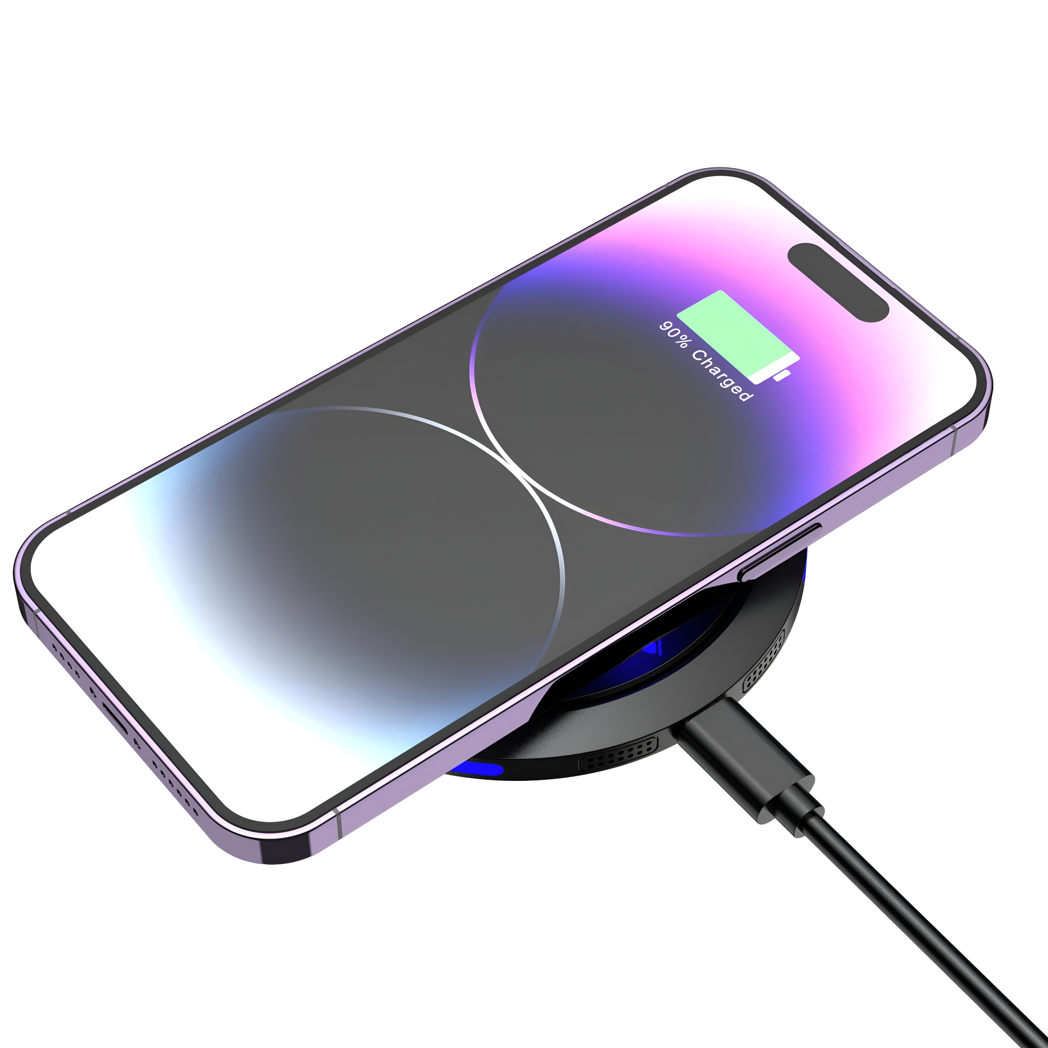 Ein Telefon liegt auf einem kabellosen Ladegerät mit einer Ladeanzeige von 90 %. Das Ladegerät ist schwarz.