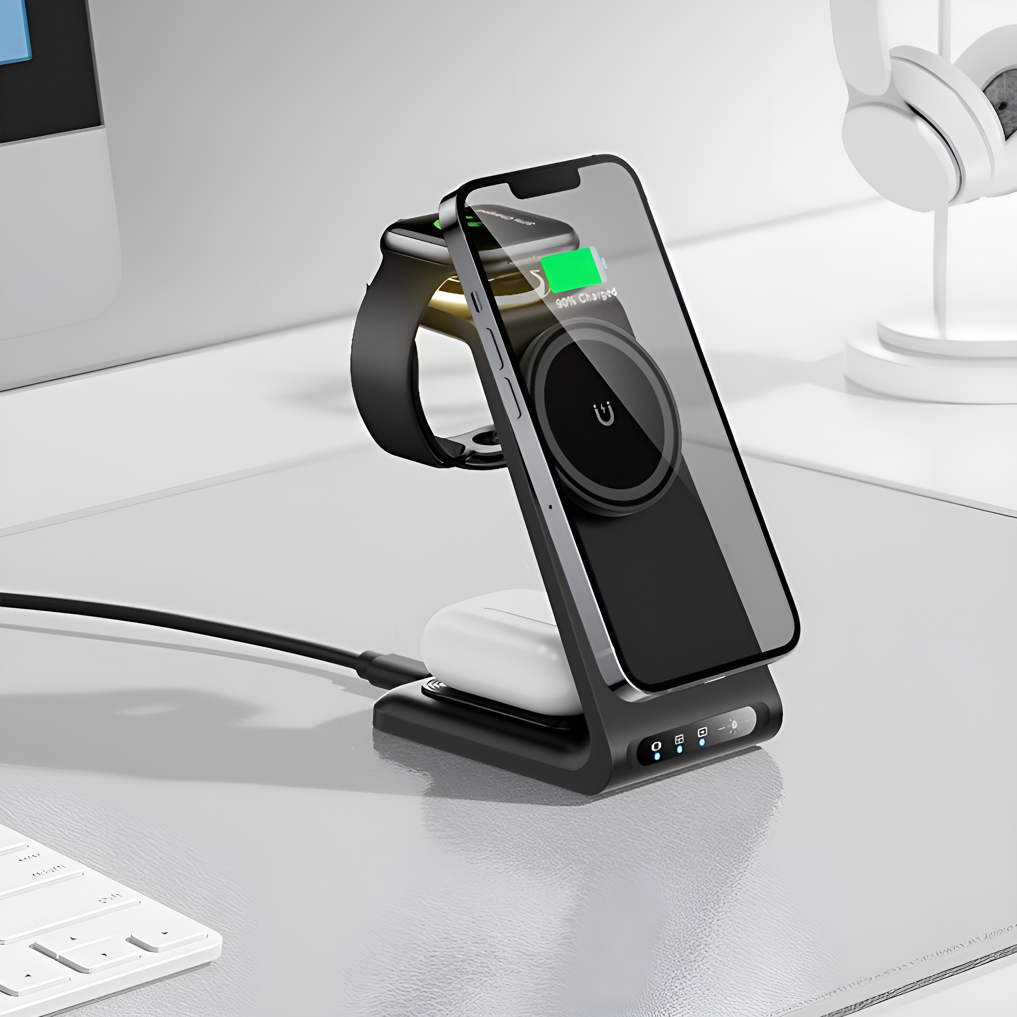Eine Ladestation mit Telefon, Uhr und Ohrhörern. Das Telefon zeigt 80 % Aufladung an. Kopfhörer im Hintergrund.