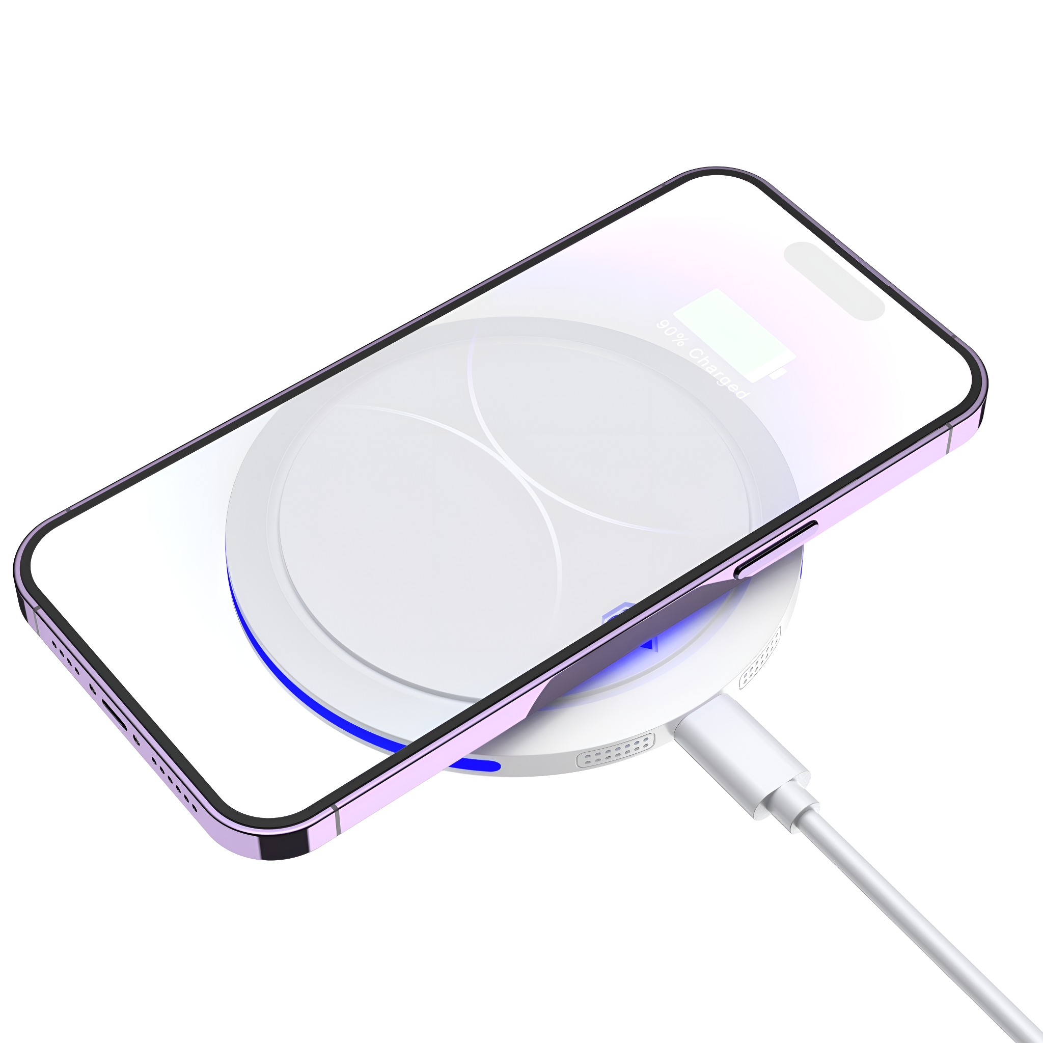Ein lila Telefon, das drahtlos auf einem weißen Ladepad geladen wird.
