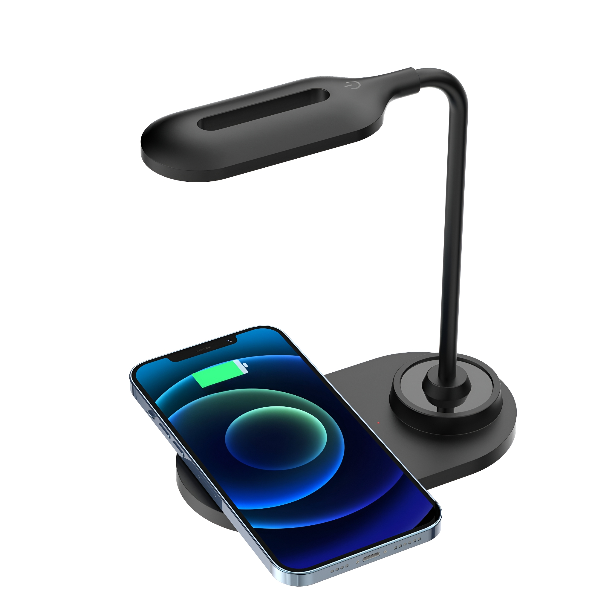 Eine schwarze Lampe mit einem Telefon auf einem kabellosen Ladegerät darunter. Das Telefon zeigt eine Ladeanzeige.