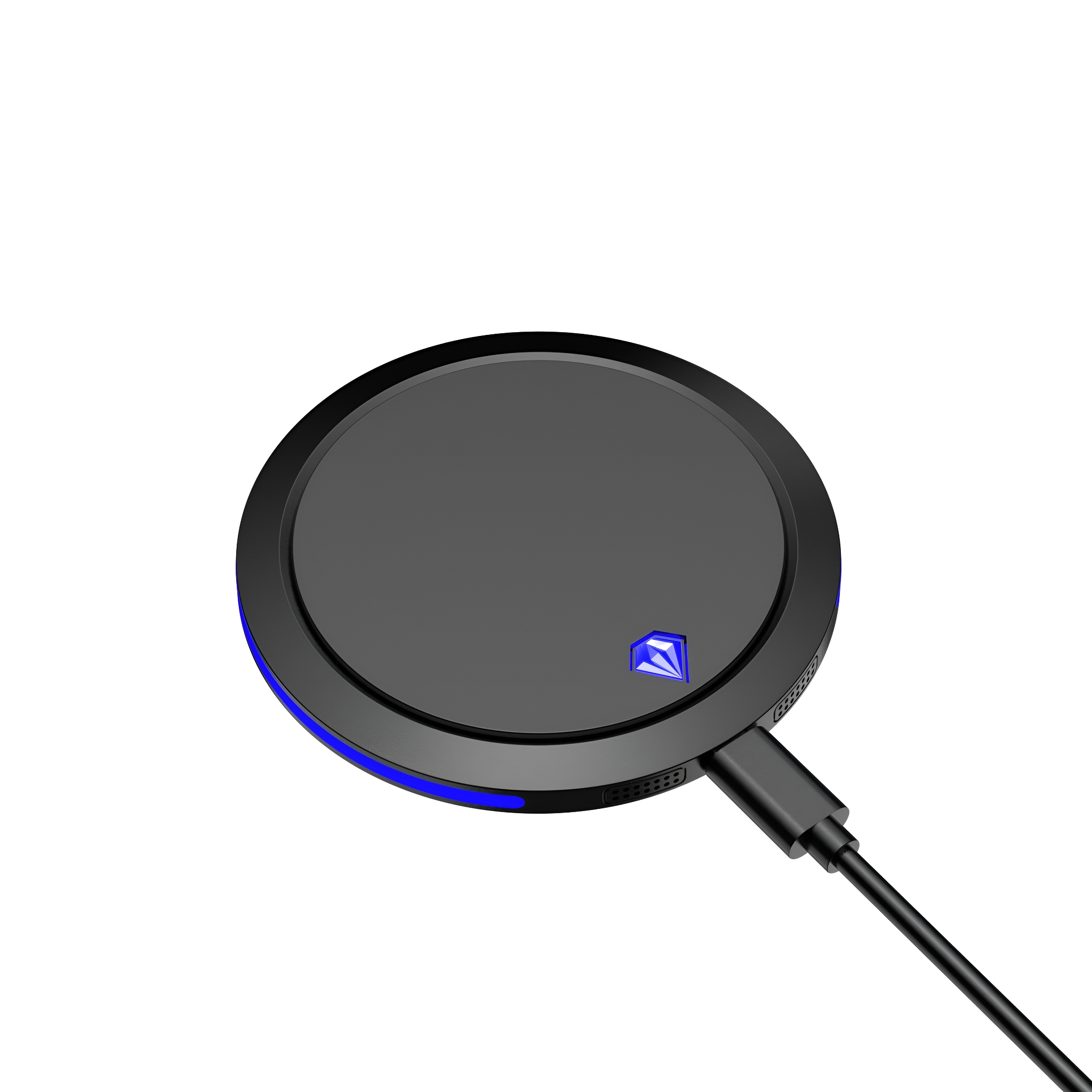 Ein schwarzes, rundes kabelloses Ladegerät mit blauem rautenförmigen Licht, verbunden mit einem schwarzen Kabel.