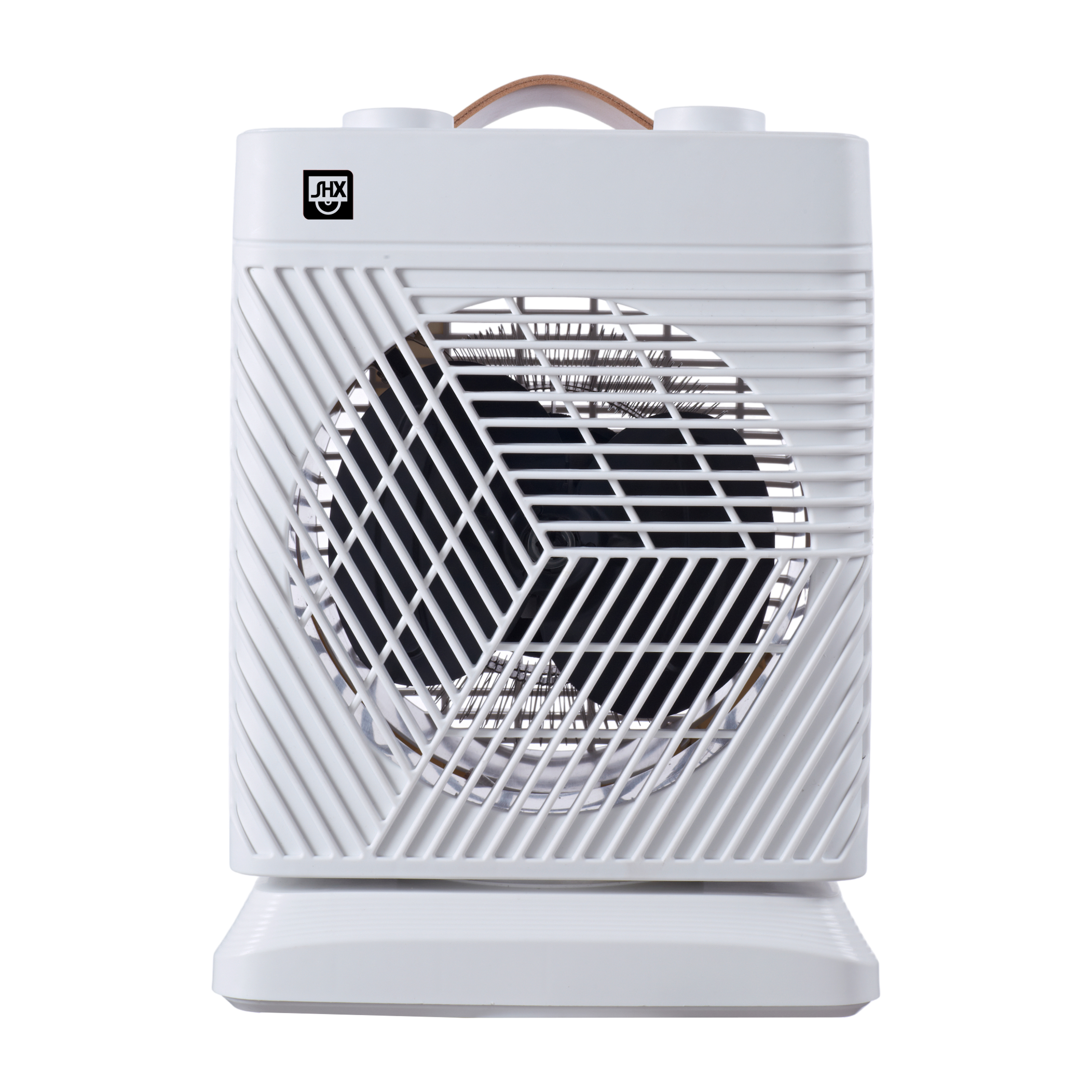 Weißer Elektroheizer mit Ventilator. Er hat einen Griff und ein Frontgitter. Das Markenlogo ist oben links.