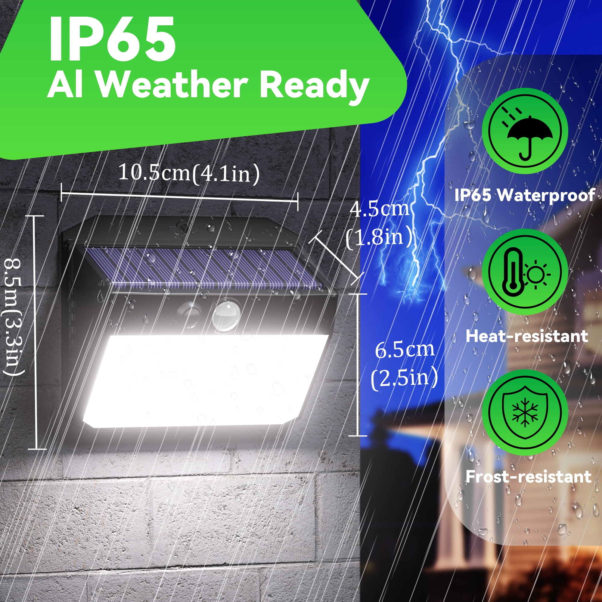 Eine solarbetriebene Außenleuchte mit Abmessungen, gekennzeichnet als IP65 wetterfest.