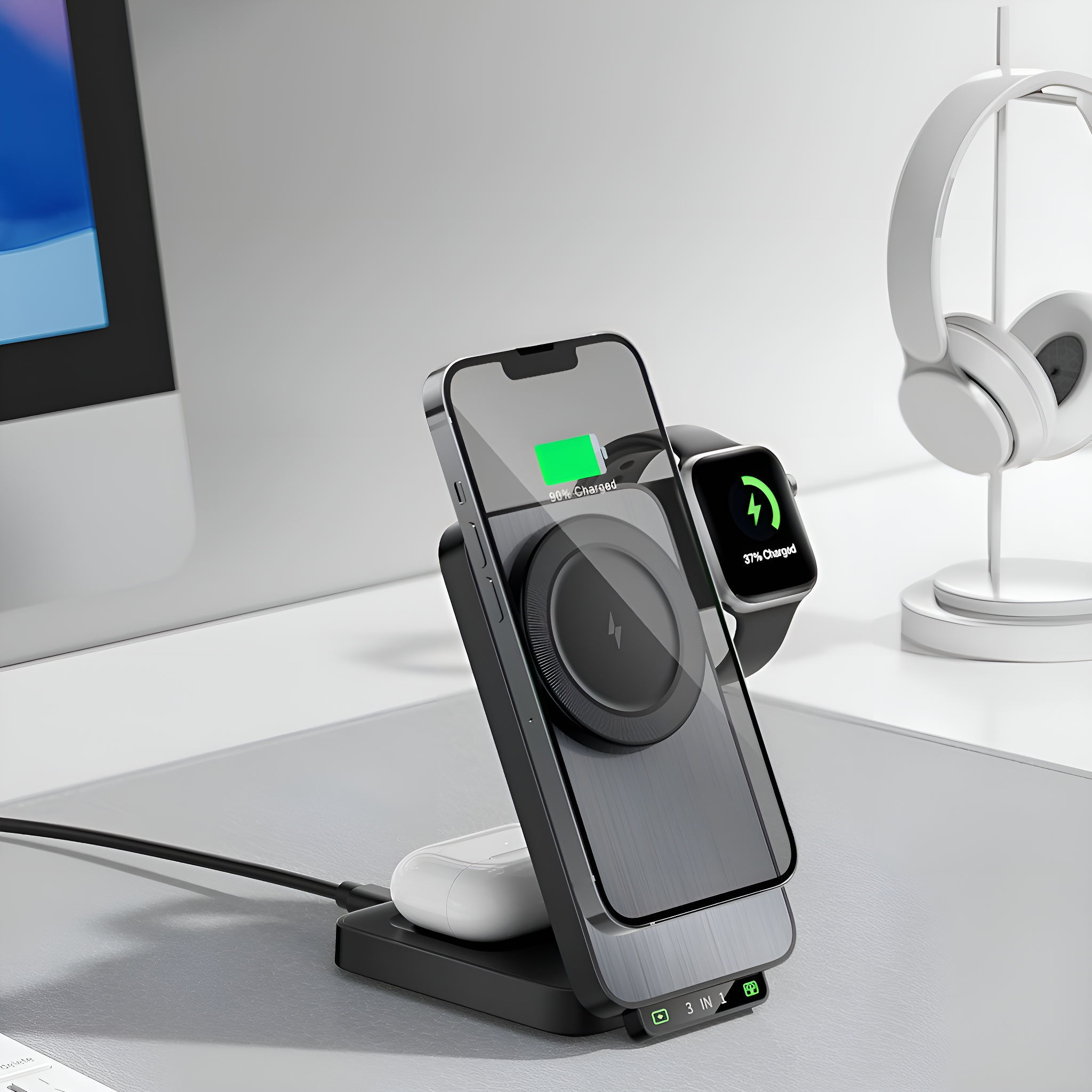 Ladestation mit Telefon, Uhr und AirPods. Zeigt den Ladestatus auf den Geräten an.