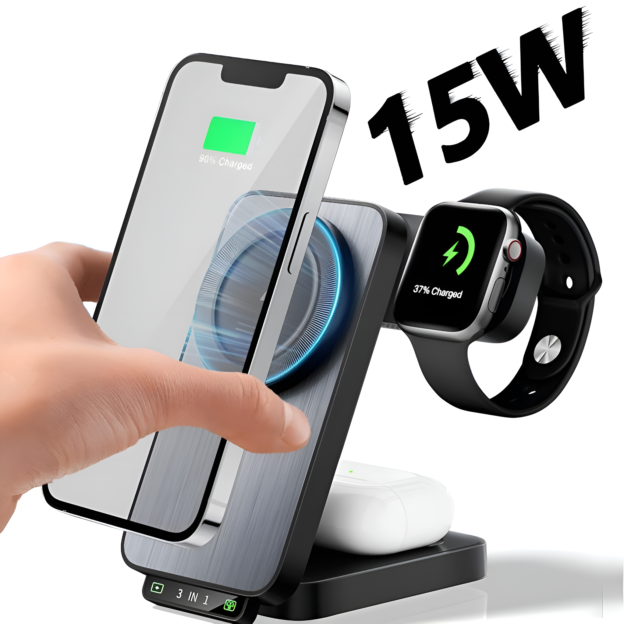 Ein Telefon und eine Uhr werden auf einem 3-in-1-Ladegerät mit 15 W Leistung aufgeladen.