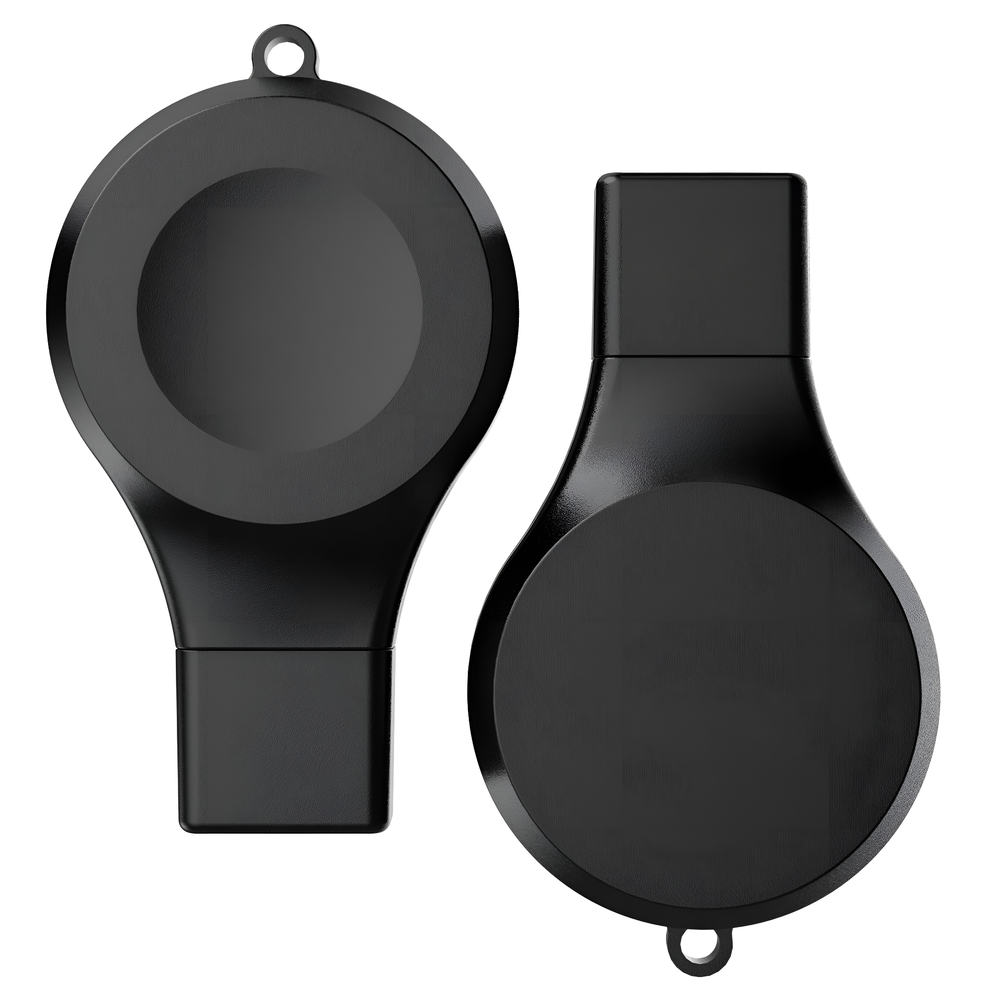 Zwei schwarze USB-Sticks. Sie haben abgerundete Formen und ein Loch für ein Schlüsselband.