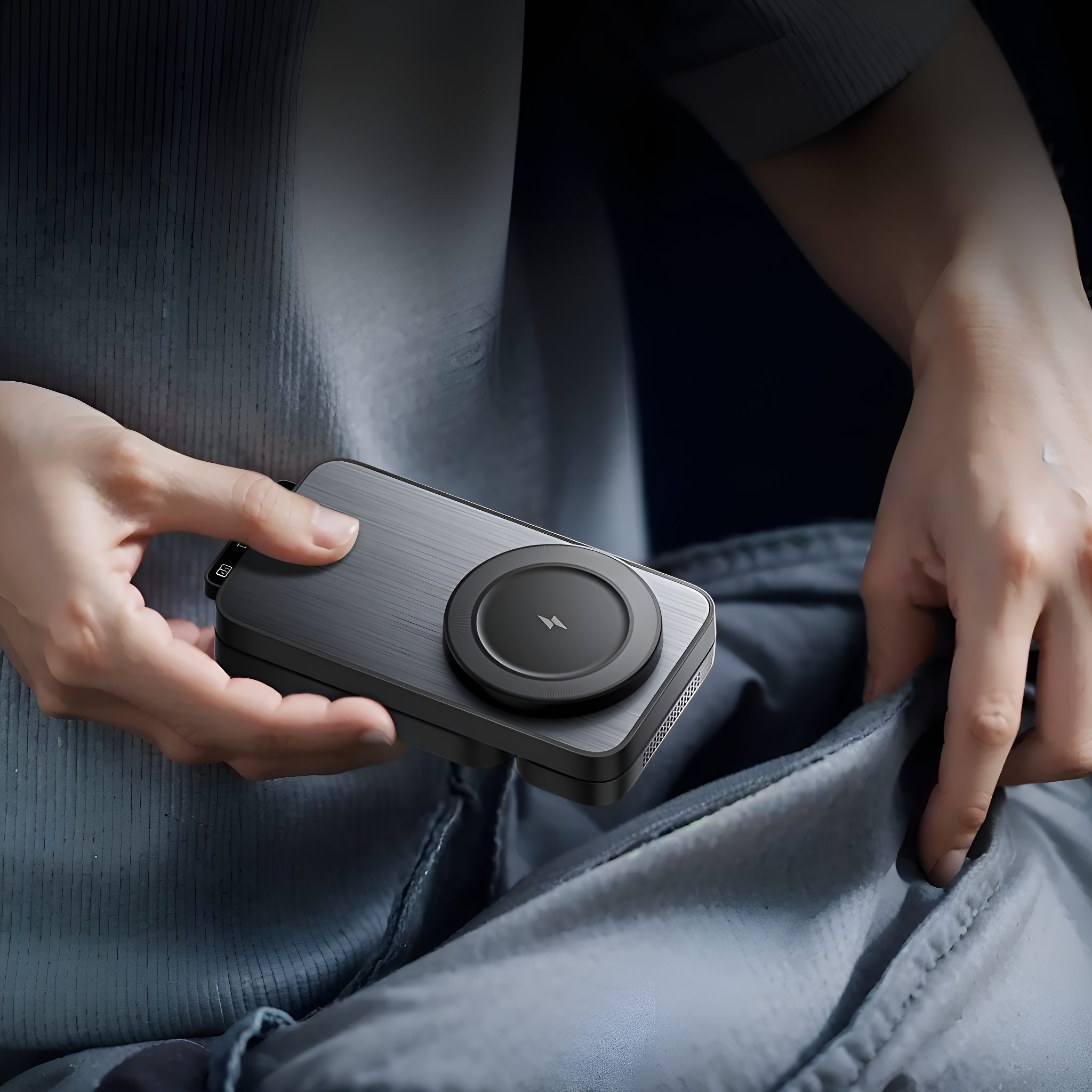 Person legt ein dunkelgraues, kreisförmiges Gerät in eine Tasche. Es hat einen schwarzen Kreis.