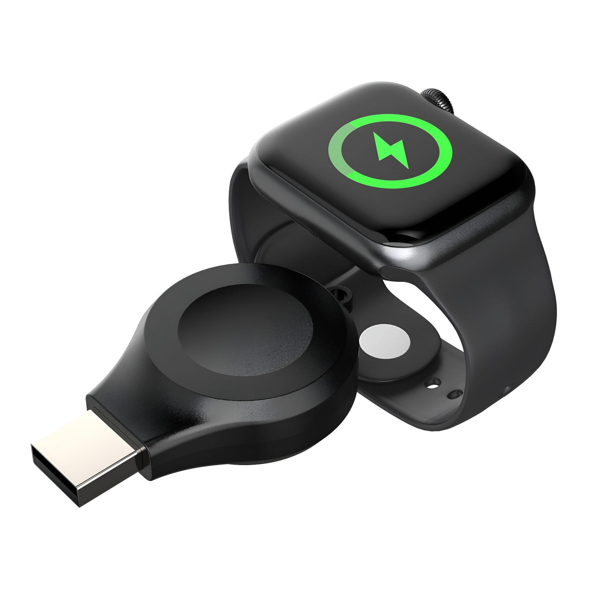 Schwarze Apple Watch auf einem Ladegerät mit grünem Blitz. Schwarzes USB-Ladegerät liegt neben der Uhr.