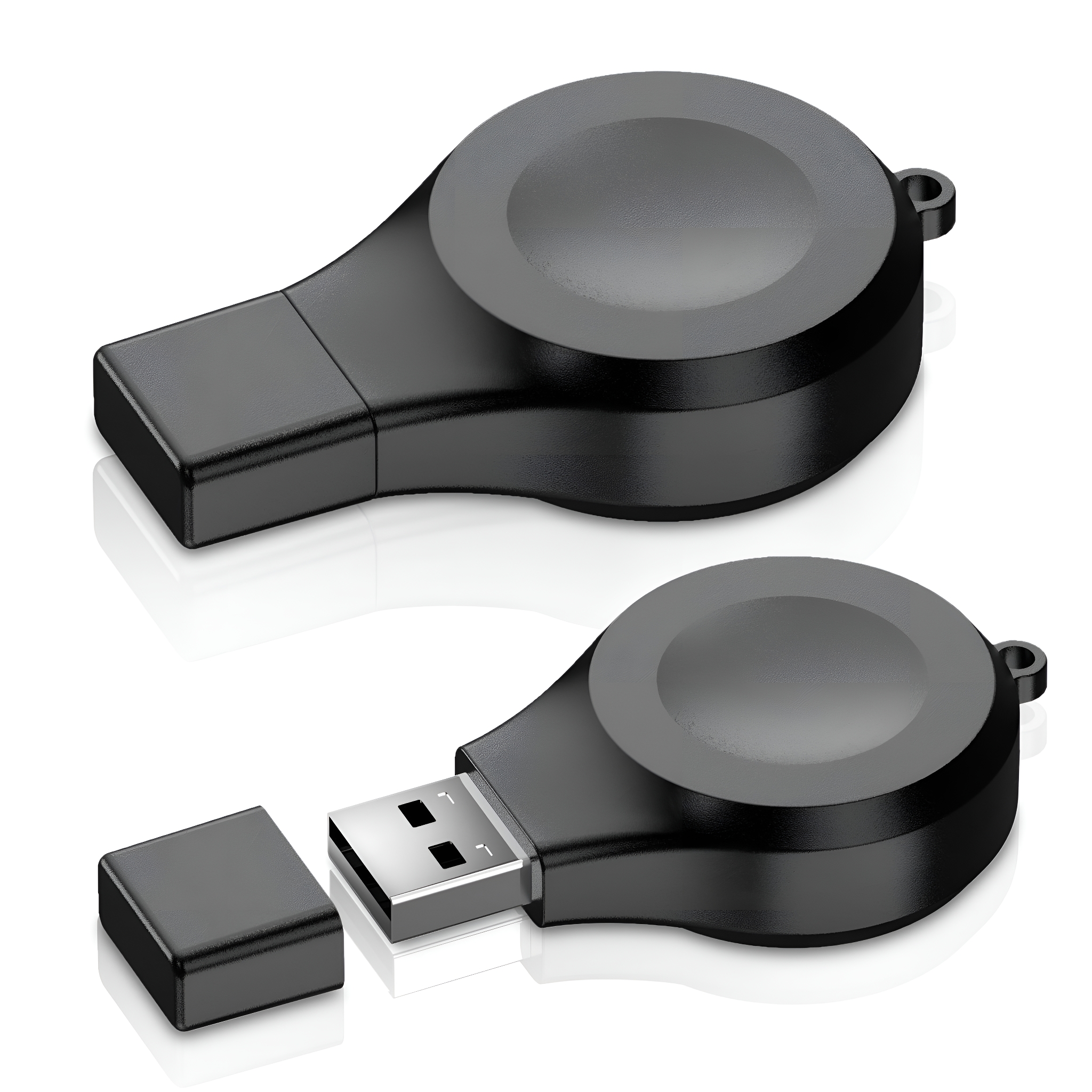 Zwei schwarze Apple Watch Ladegeräte. Eines mit freiliegendem USB-Anschluss und das andere mit Abdeckung.