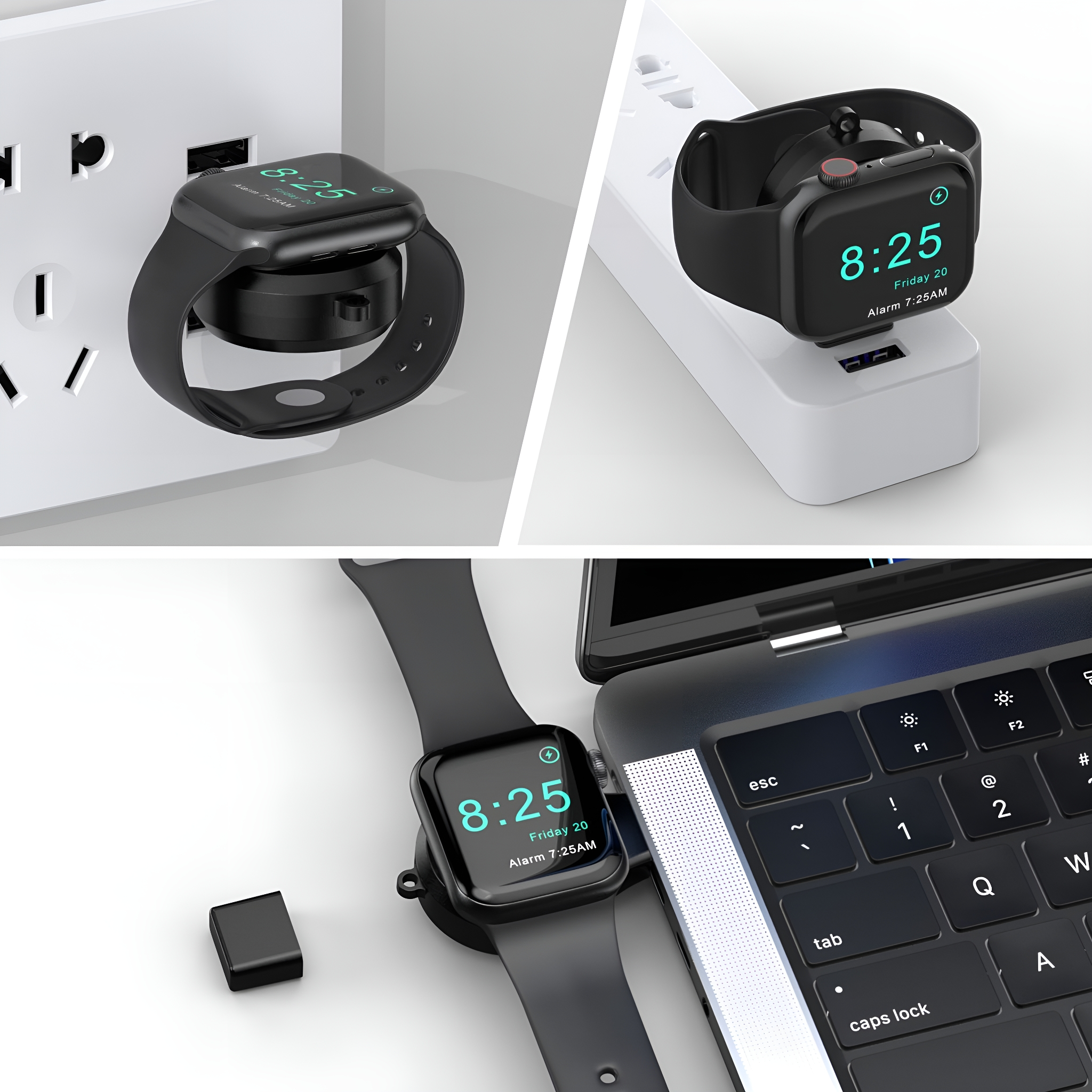 Drei Bilder einer schwarzen Apple Watch beim Laden. Zeigt Zeit und Ladestatus an.