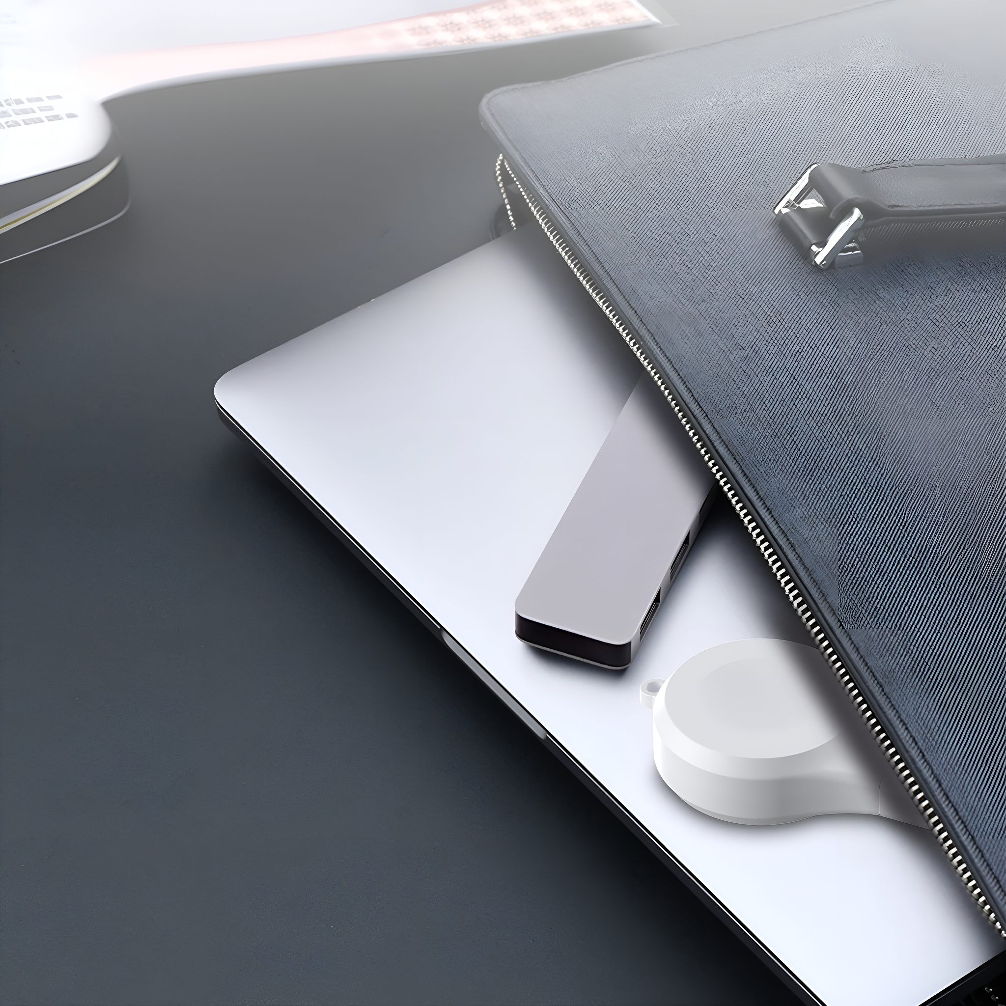 Laptop mit Ladegerät und Apple Watch Ladegerät in einer blauen Aktentasche.