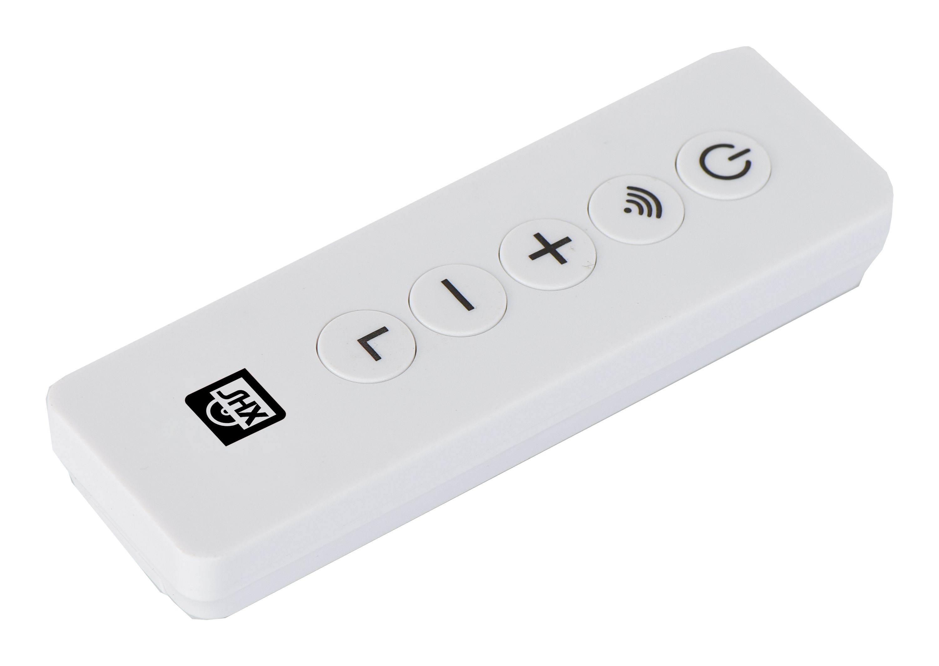 Weiße Fernbedienung mit Tasten. Enthält Strom-, Wi-Fi- und Lautstärkeregler. Der Hintergrund ist weiß.