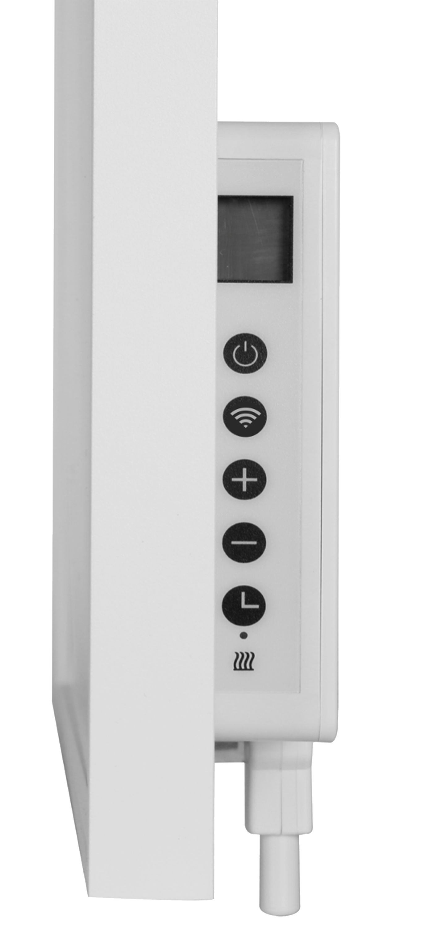 Ein weißes Heizpaneel mit Digitalanzeige und Knöpfen. Zu den Knöpfen gehören Strom, WLAN, Plus, Minus und ein Timer-Symbol.