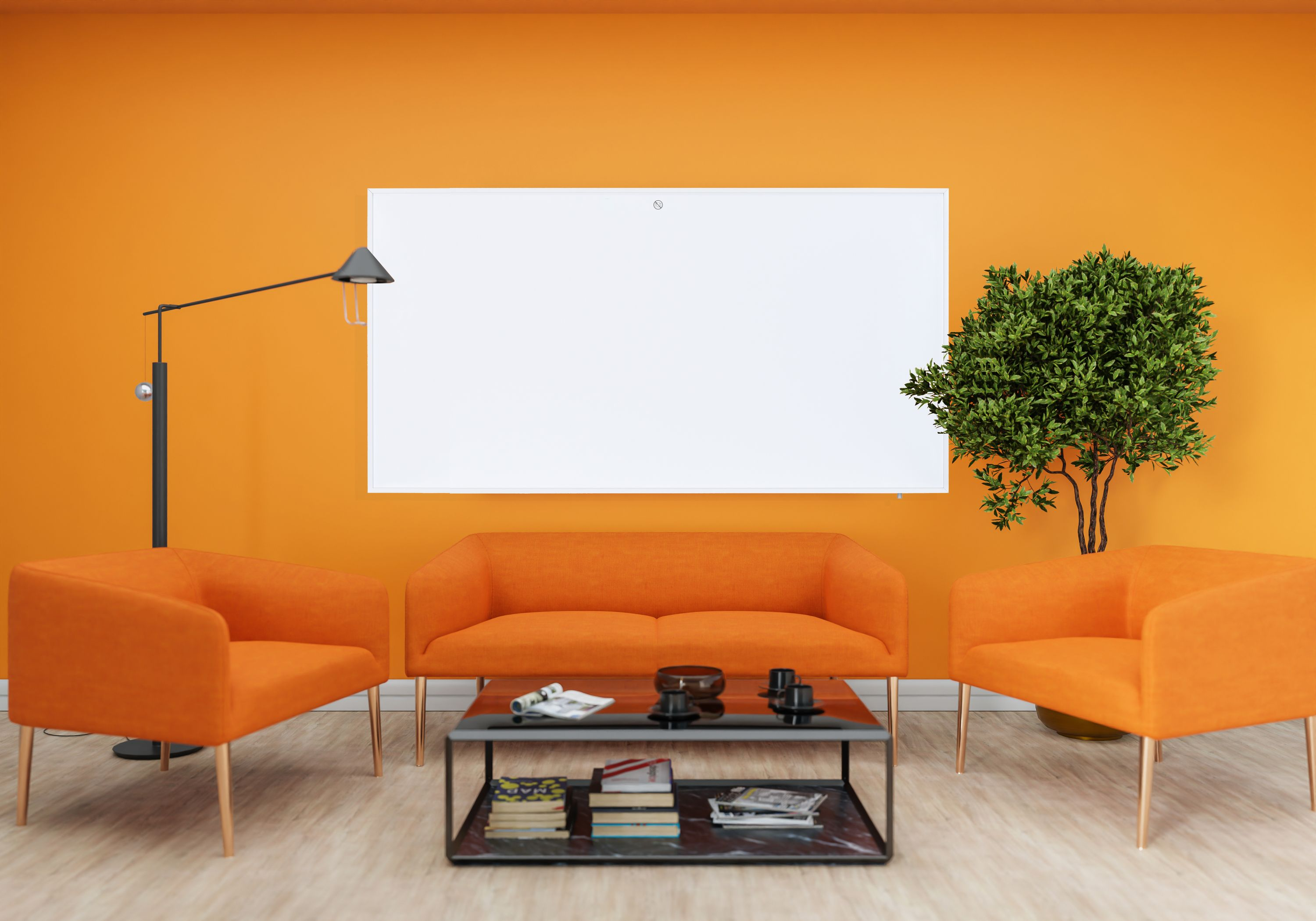 Modernes Wohnzimmer mit orangen Wänden, Möbeln und einer großen weißen Tafel an der Wand.