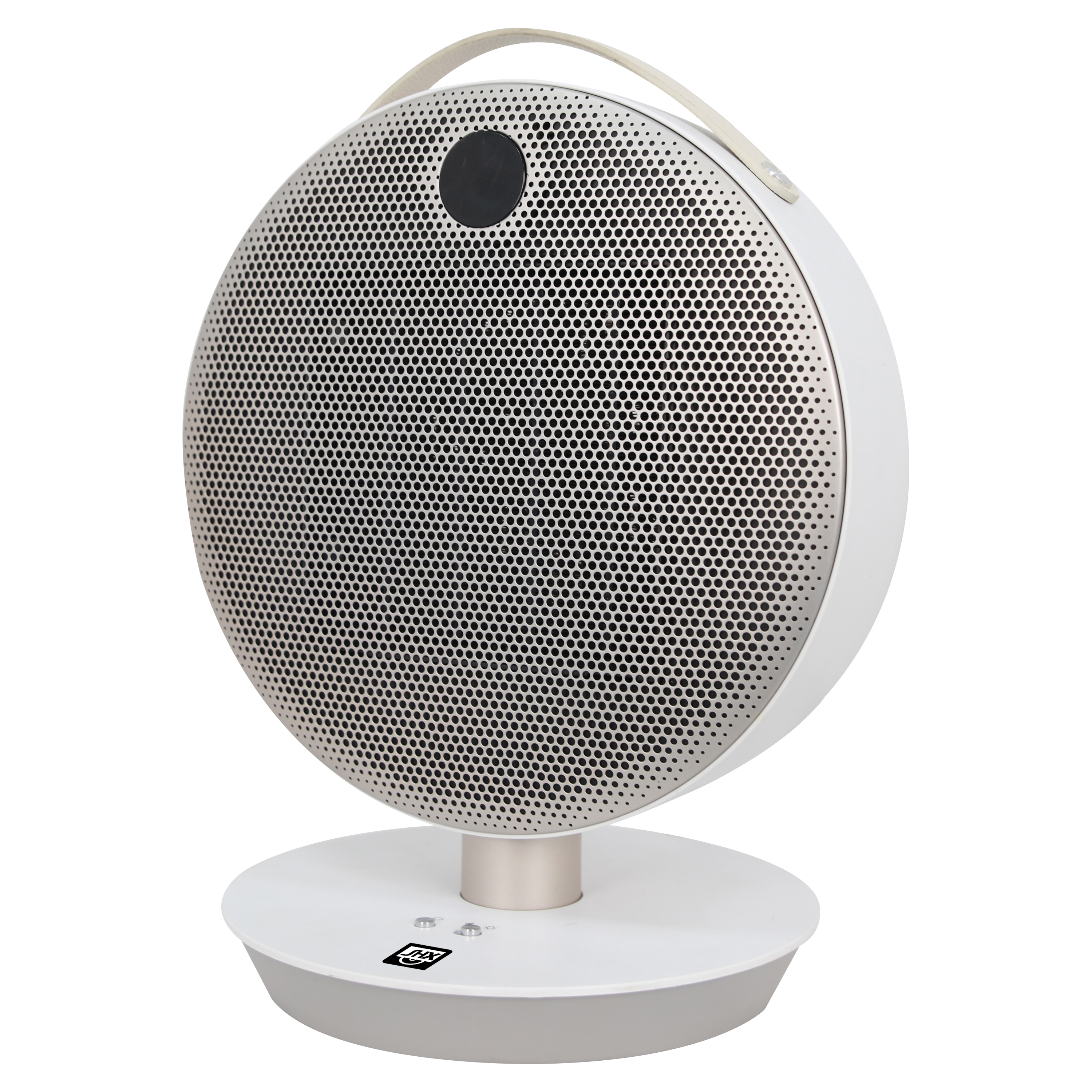 Weißer und silberner runder Ventilator auf einem Sockel. Er hat einen Griff und eine perforierte Front.