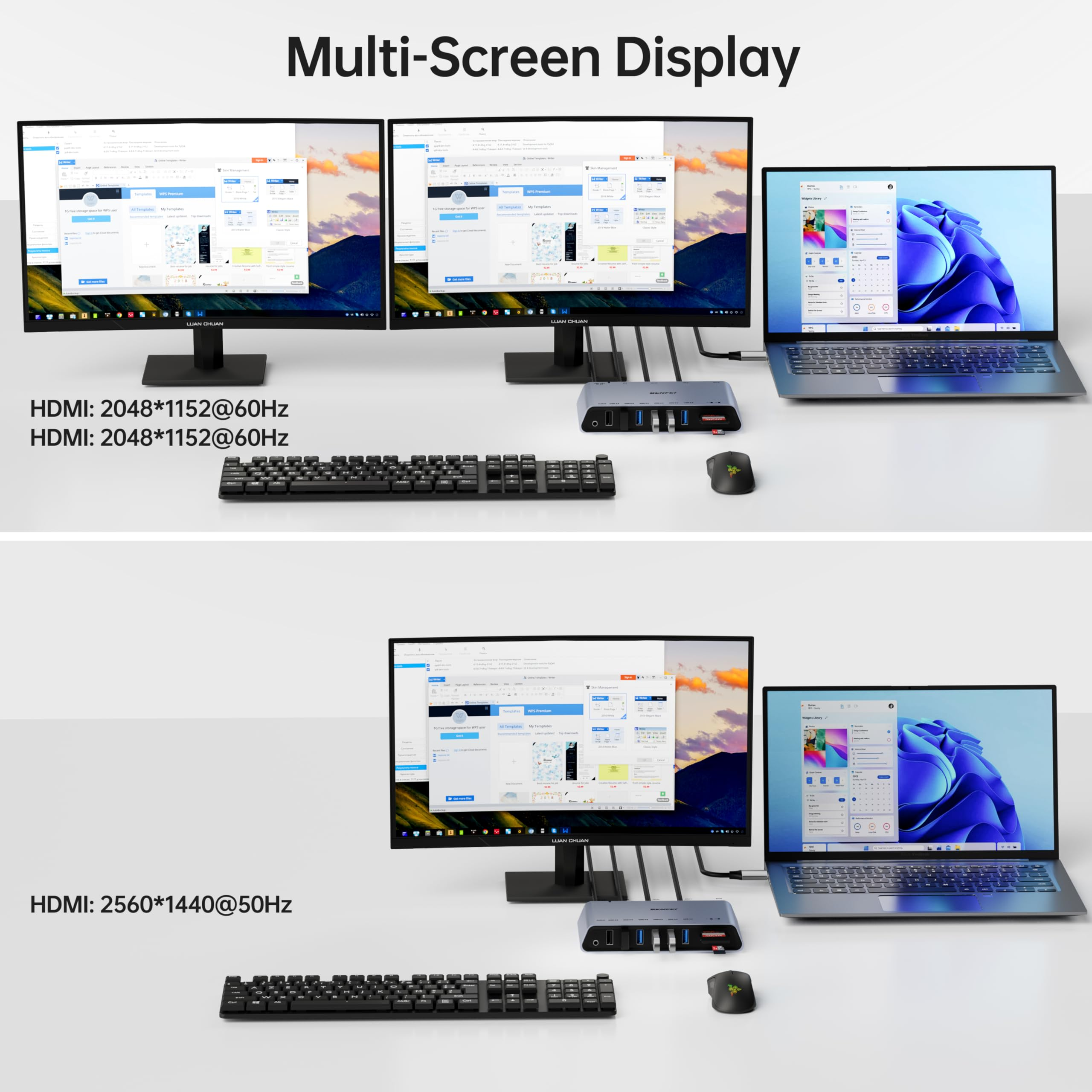 Multi-Screen-Anzeige mit Computerbildschirmen mit verschiedenen Fenstern und einer Tastatur.