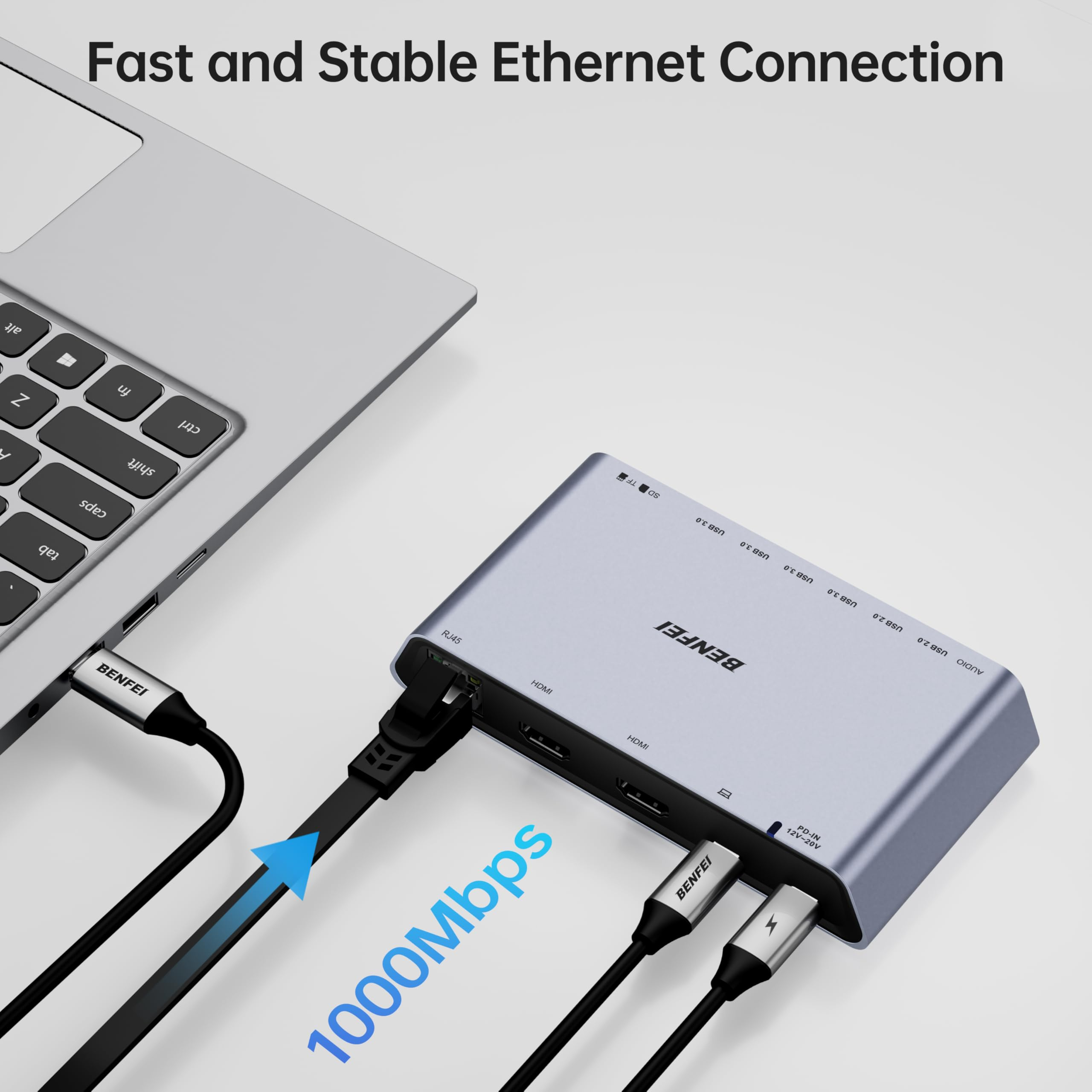 Laptop, verbunden mit silbernem Adapter über Kabel, mit Text "Fast and Stable Ethernet Connection". Pfeil zeigt 1000Mbps.