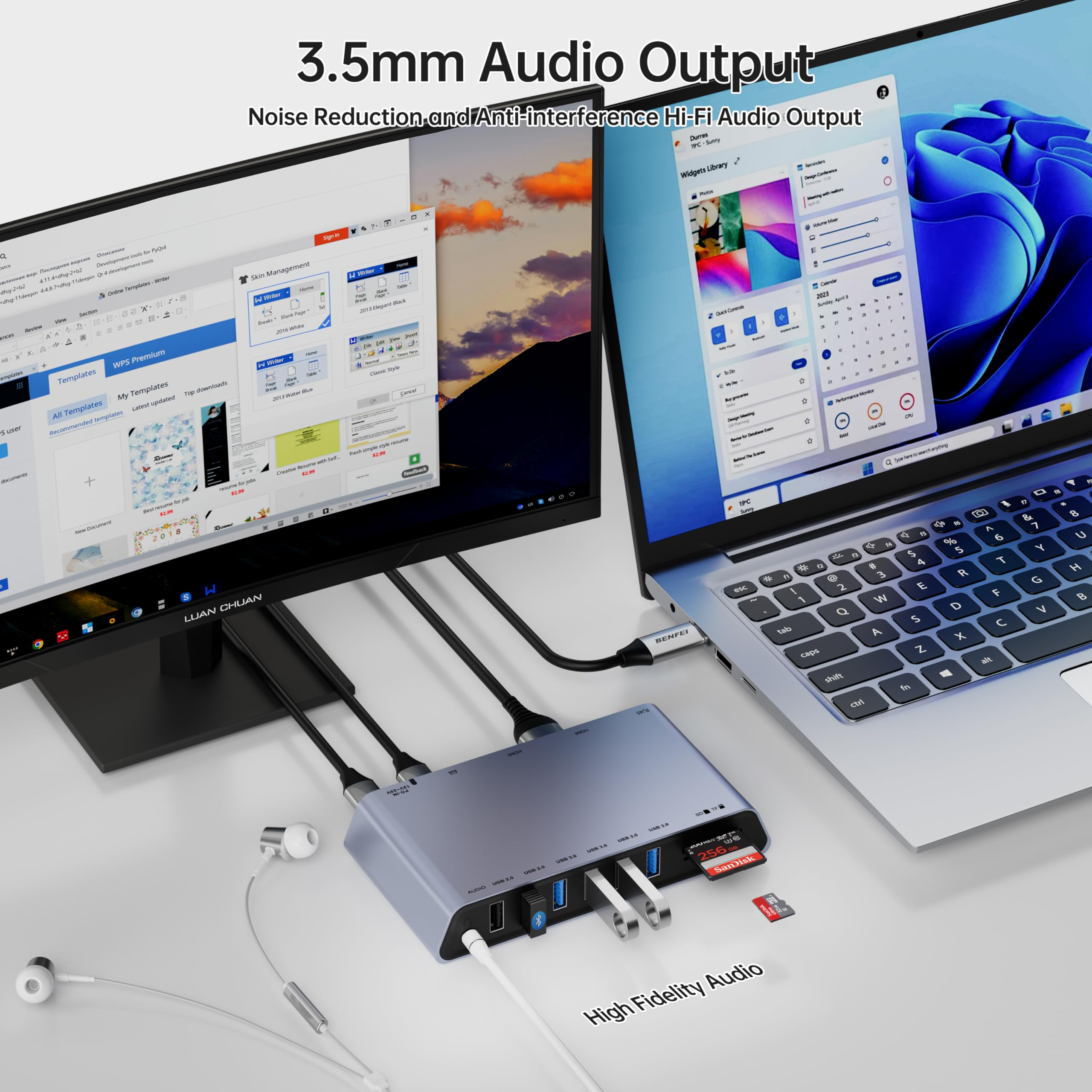 Ein Laptop und ein Monitor sind mit einem Hub mit mehreren Anschlüssen verbunden. Eine Frau interagiert mit den Bildschirmen.