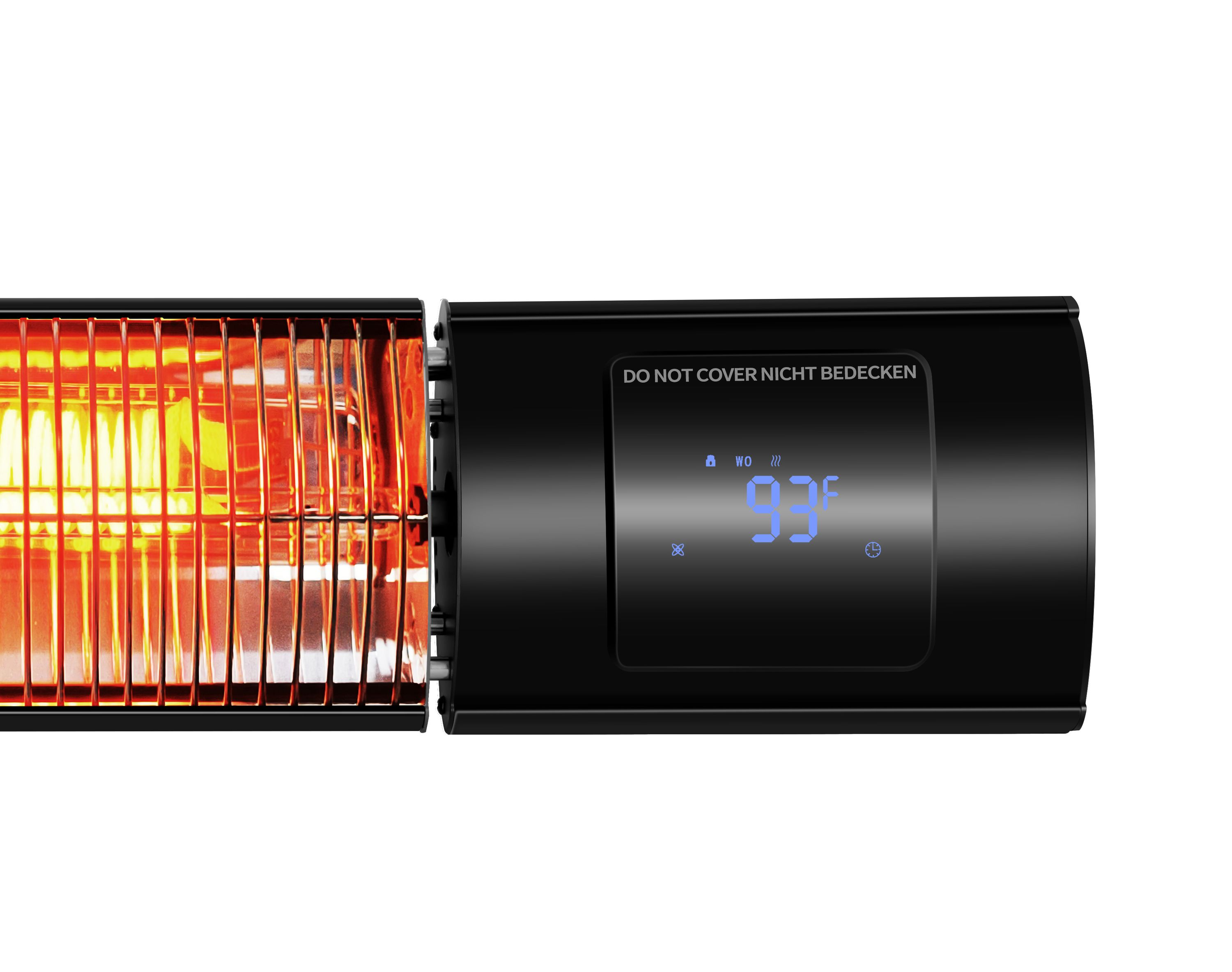 Schwarzer Infrarot-Heizstrahler mit Digitalanzeige 93°F und Text 'DO NOT COVER'. Weißer Hintergrund.