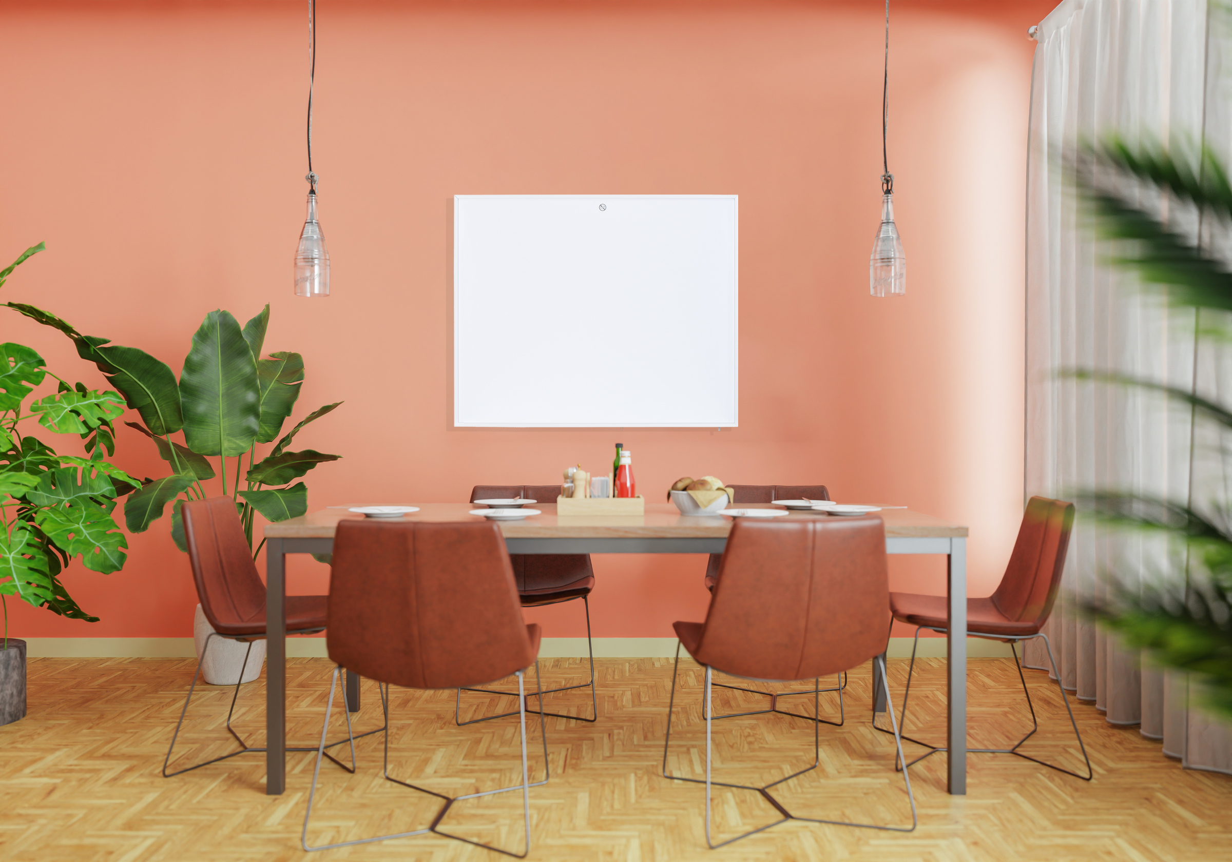 Ein Esszimmer mit Tisch, Stühlen, einem leeren weißen Quadrat an der Wand und Pflanzen.