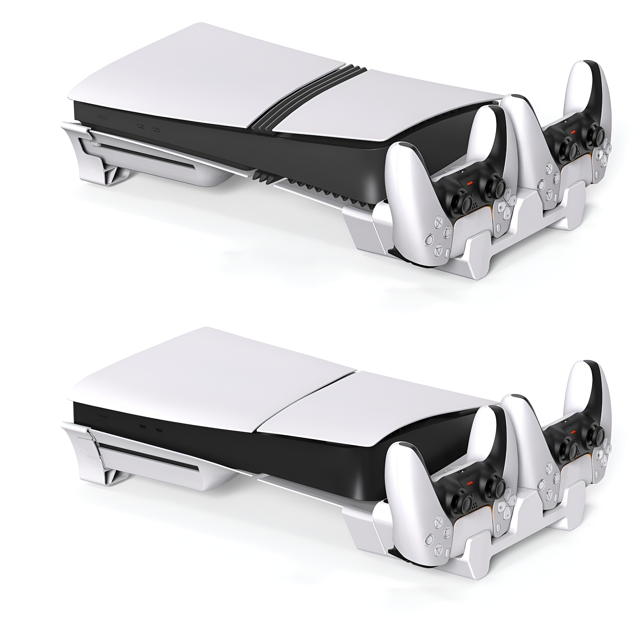 Weiße und schwarze PlayStation 5 mit zwei Controllern auf einem weißen Ständer.