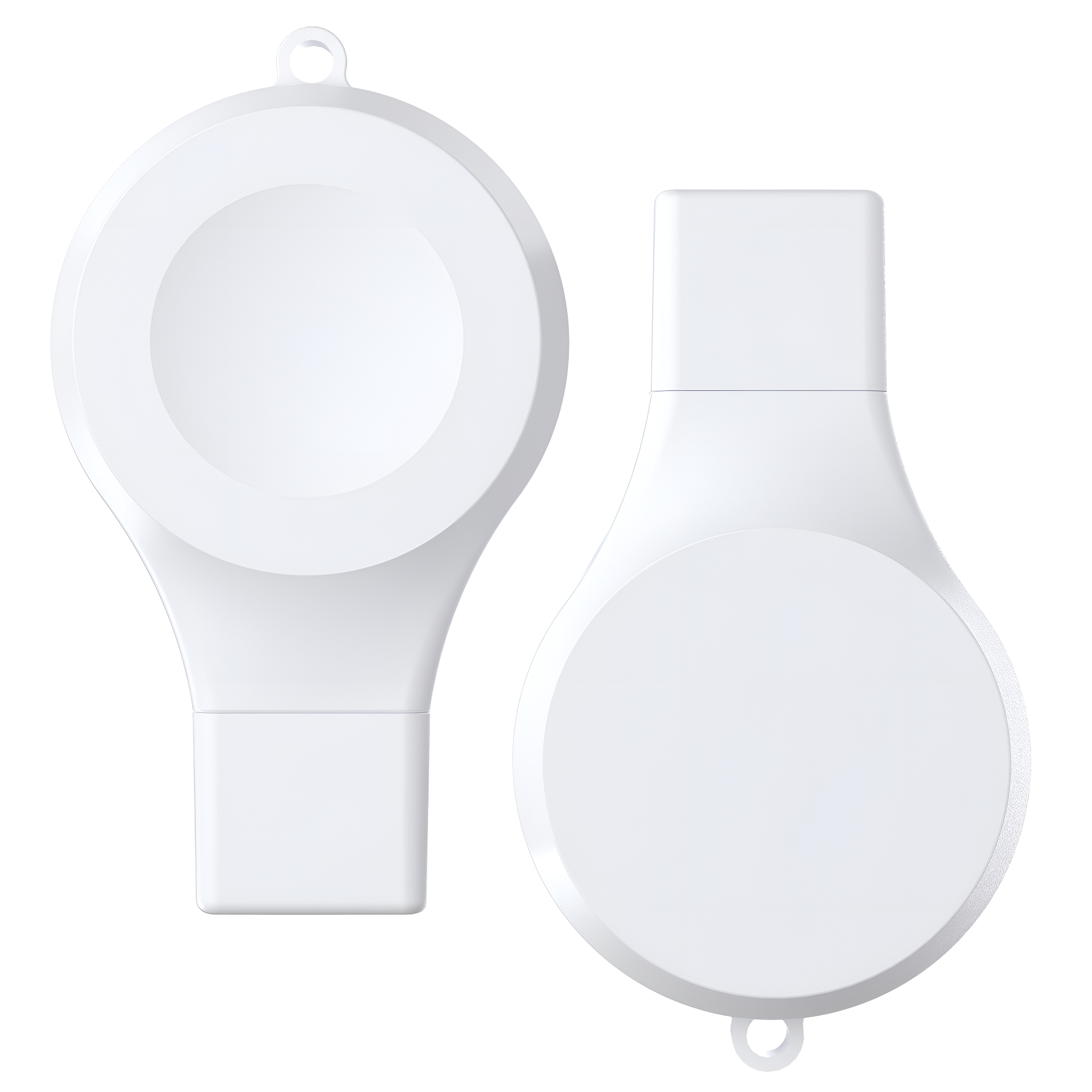 Zwei weiße Ladestationen für eine Smartwatch, eine mit rundem und eine mit eckigem Kopf.