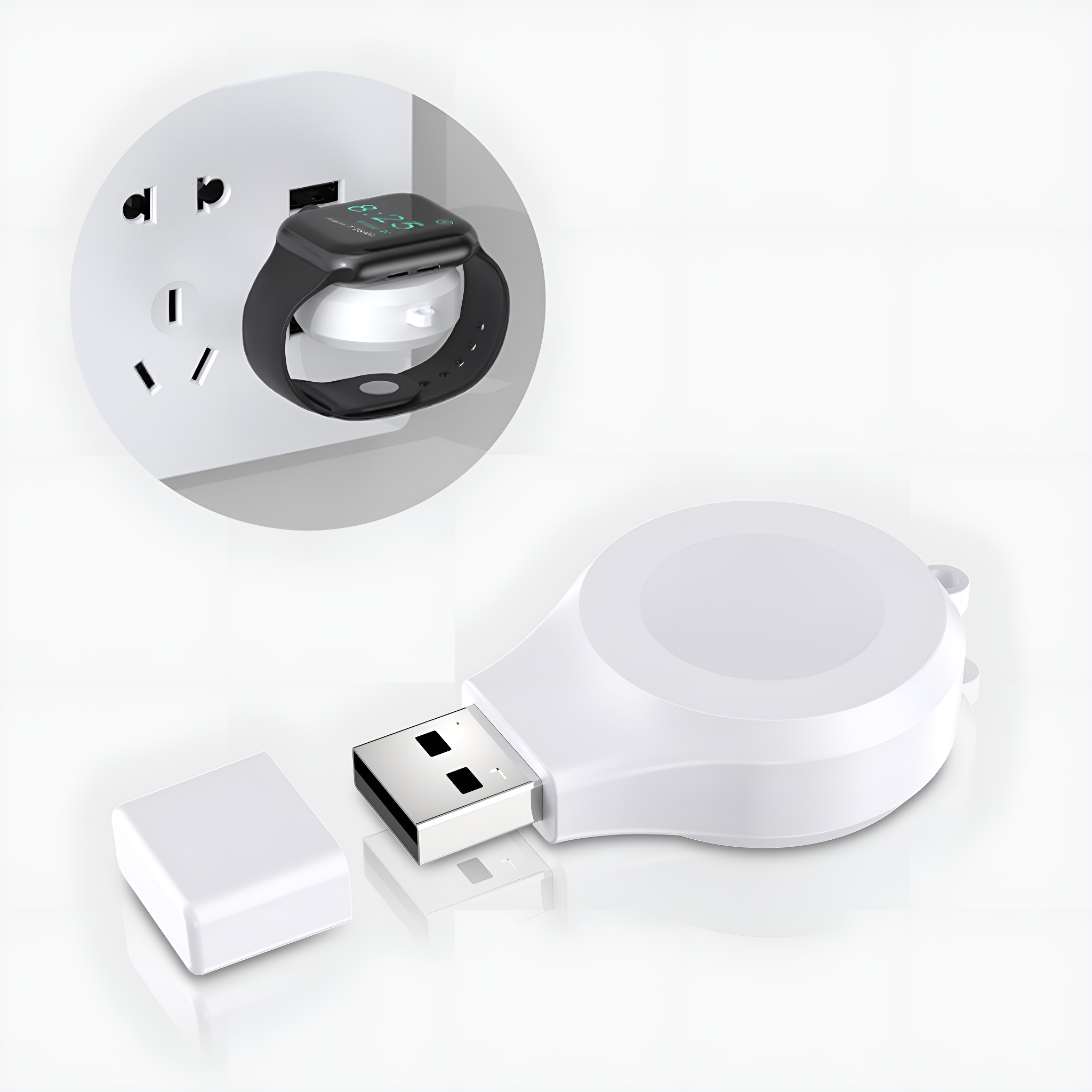 Apple Watch lädt an einer Steckdose. Ein USB-Ladegerät ist ebenfalls abgebildet.