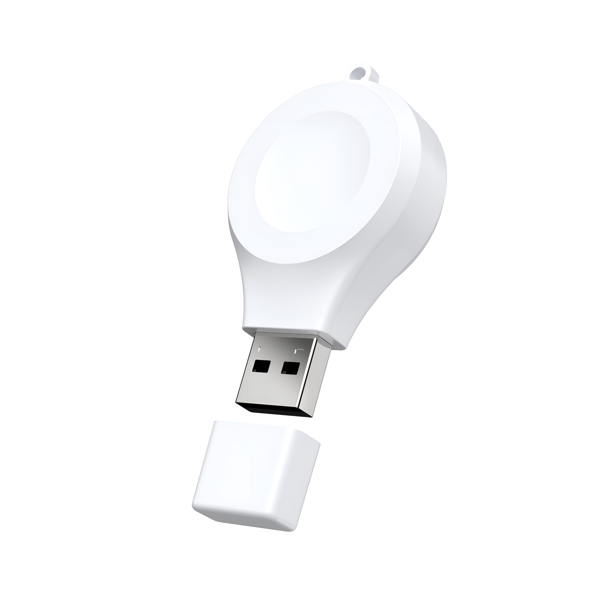 Weißer, tropfenförmiger USB-Stick mit abgenommener Kappe, der den USB-Anschluss freigibt. Oben befindet sich eine kleine Schlaufe.