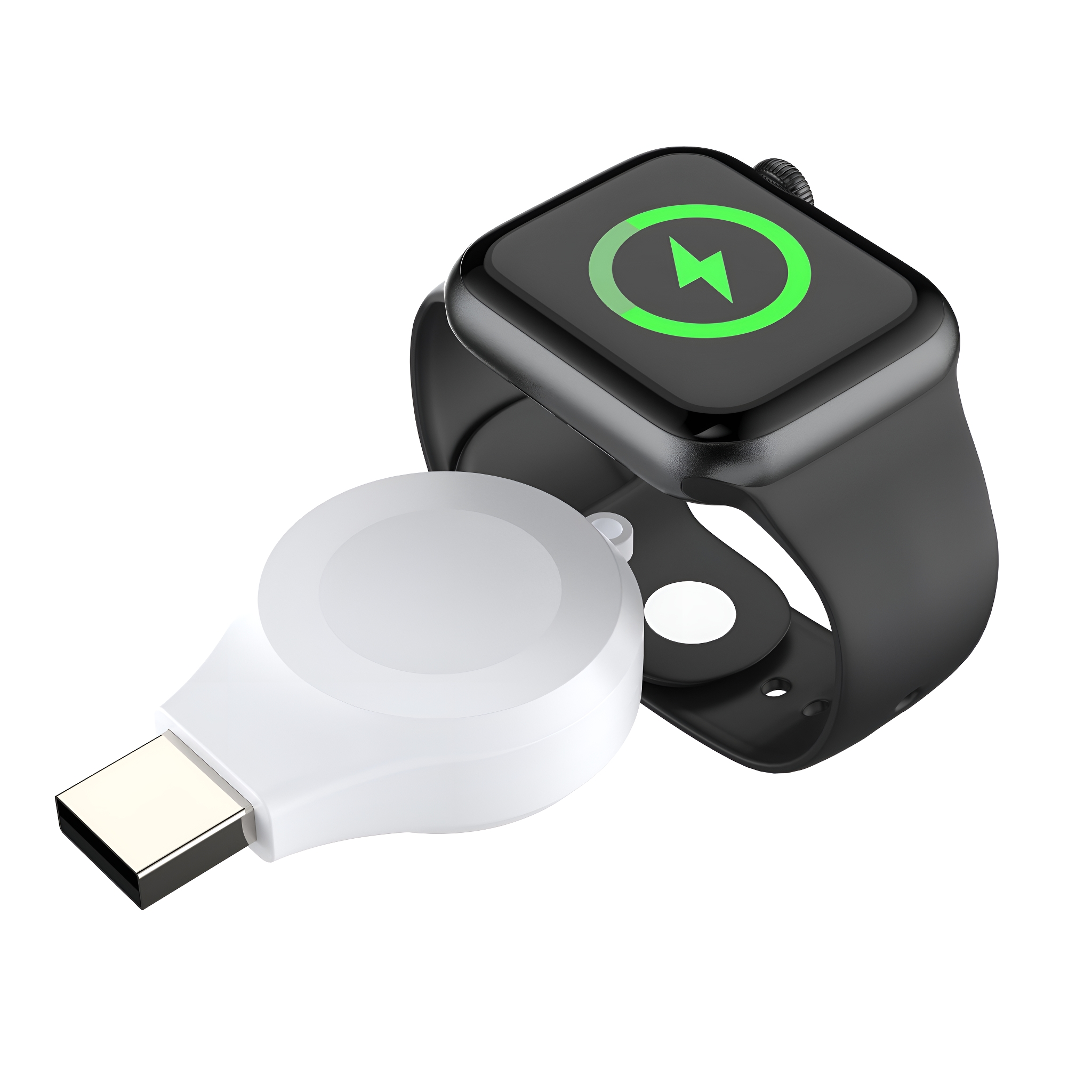 Schwarze Apple Watch auf einer weißen Ladestation mit USB-C-Anschluss.