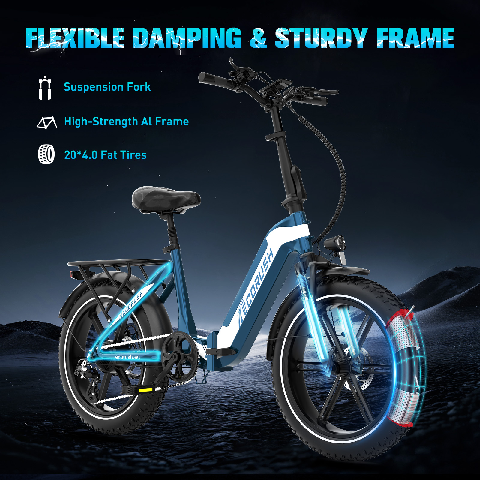 Niebieski rower elektryczny z tekstem o cechach. Widelec amortyzowany, rama o wysokiej wytrzymałości i grube opony.