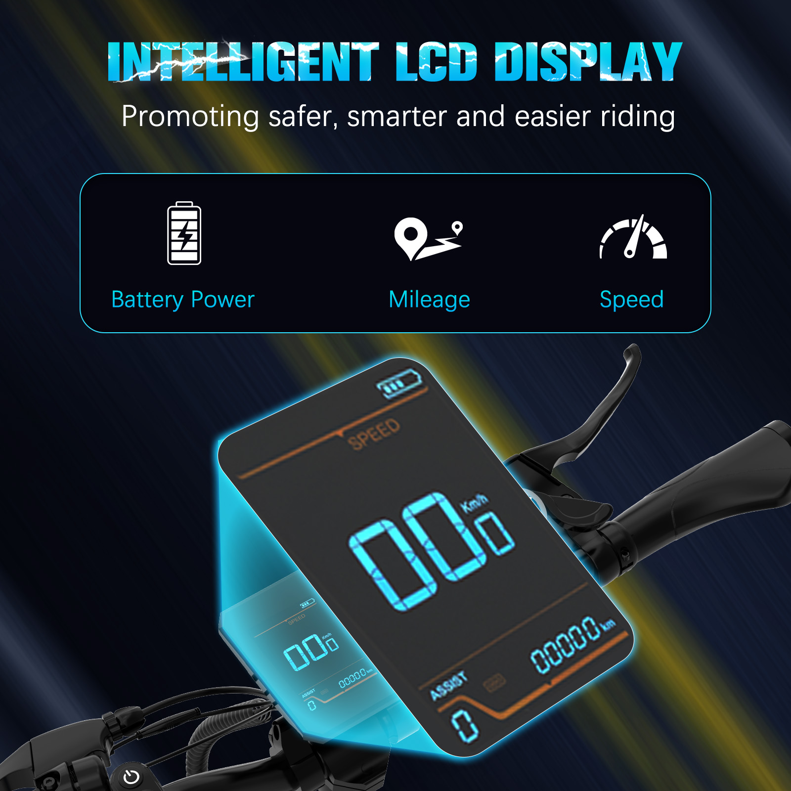 Ekran LCD pokazujący prędkość, moc baterii i przebieg na rowerze elektrycznym.