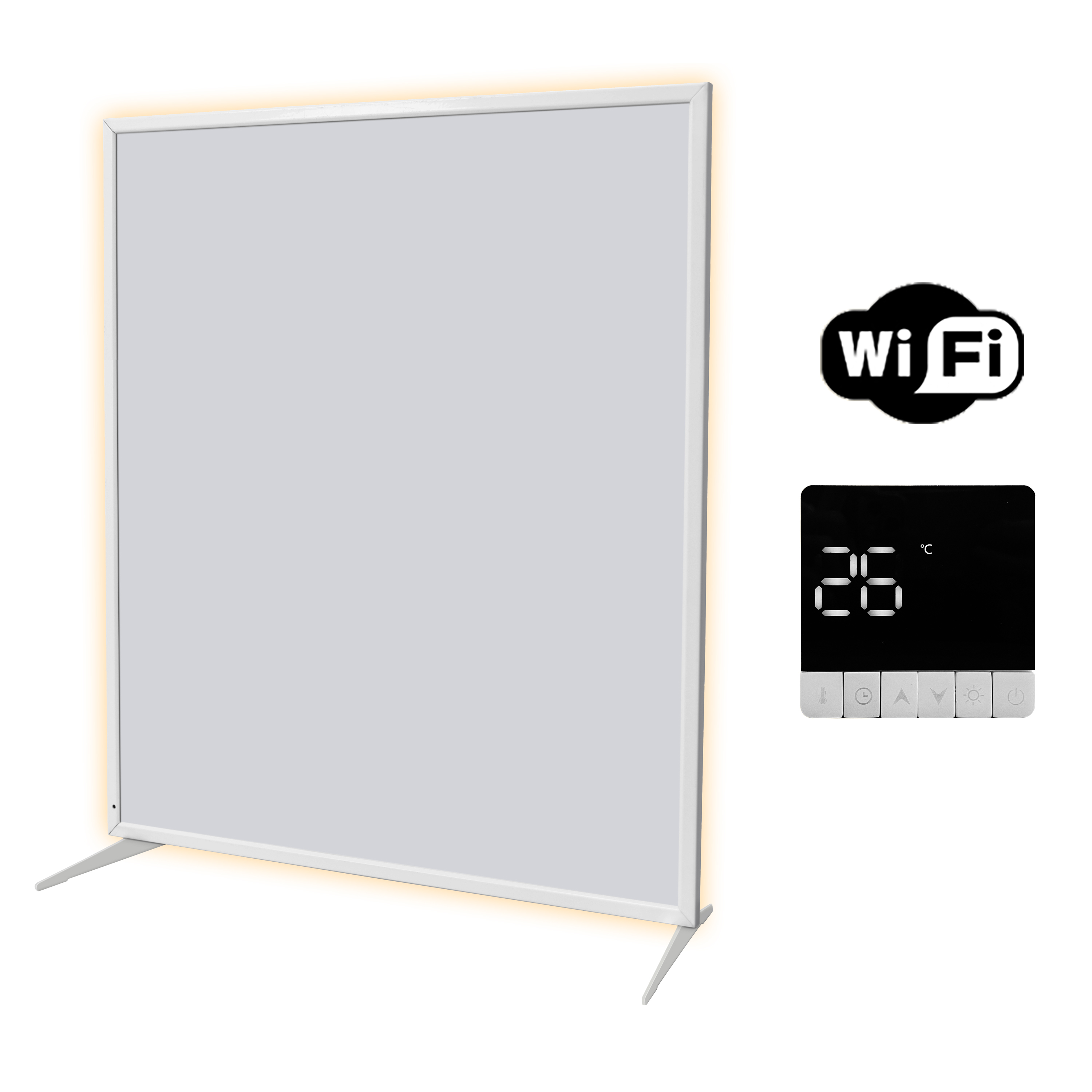 Biały grzejnik panelowy, z panelem sterowania i logo wifi. Białe tło. Grzejnik ma jasną obwódkę.