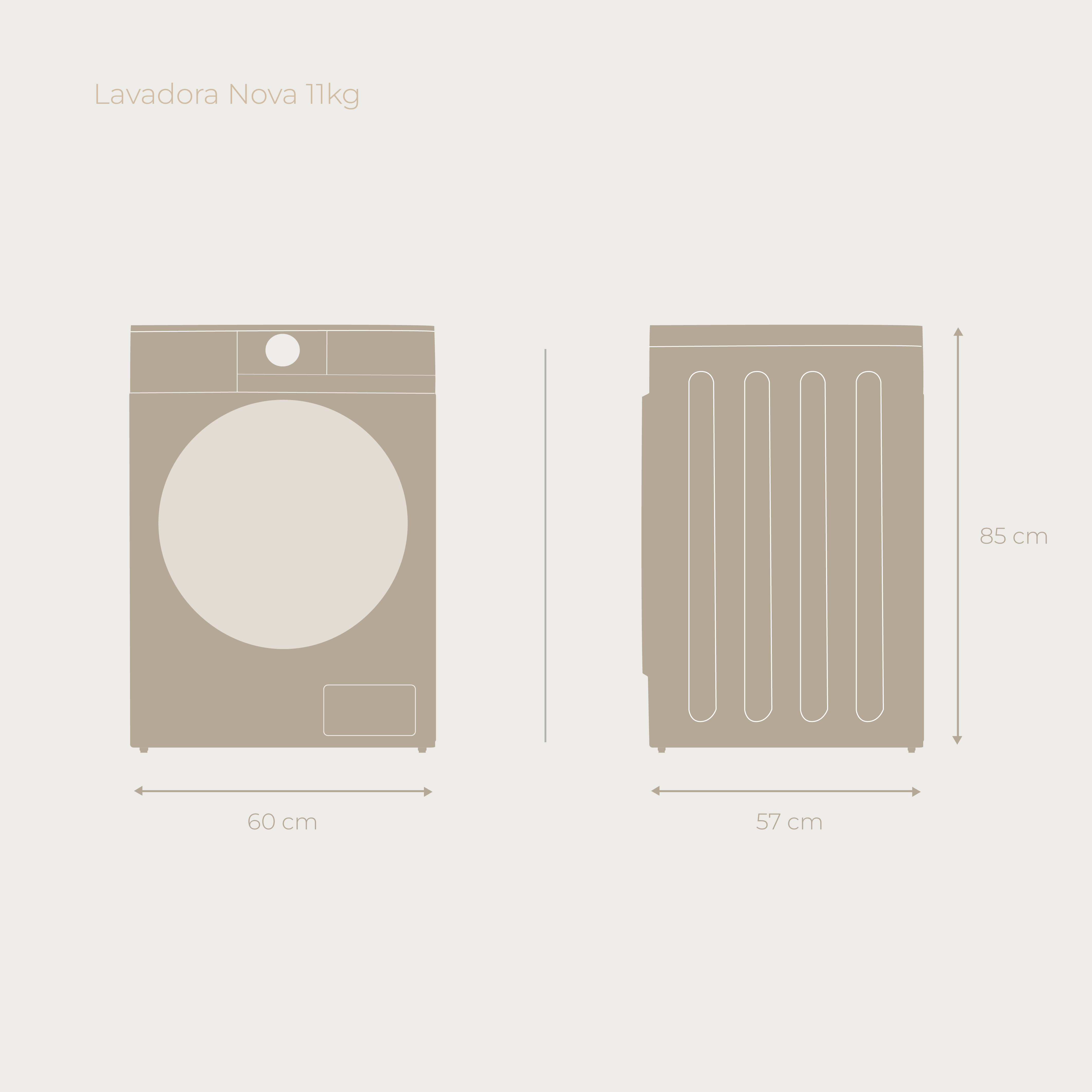 Diagrama de una lavadora, con dimensiones. La máquina es beige sobre un fondo beige.