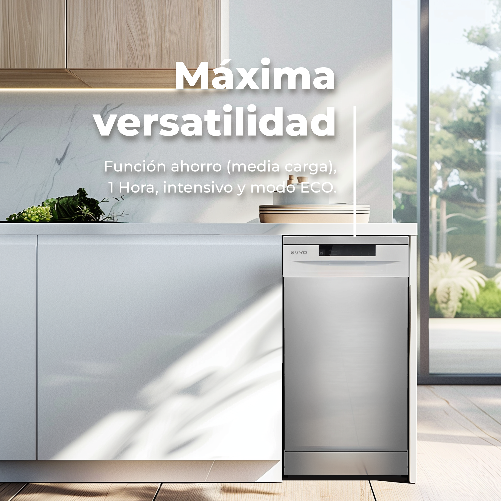 Una lavastoviglie in un ambiente cucina. Il testo recita 'Máxima versatilidad'. La macchina è argentata.