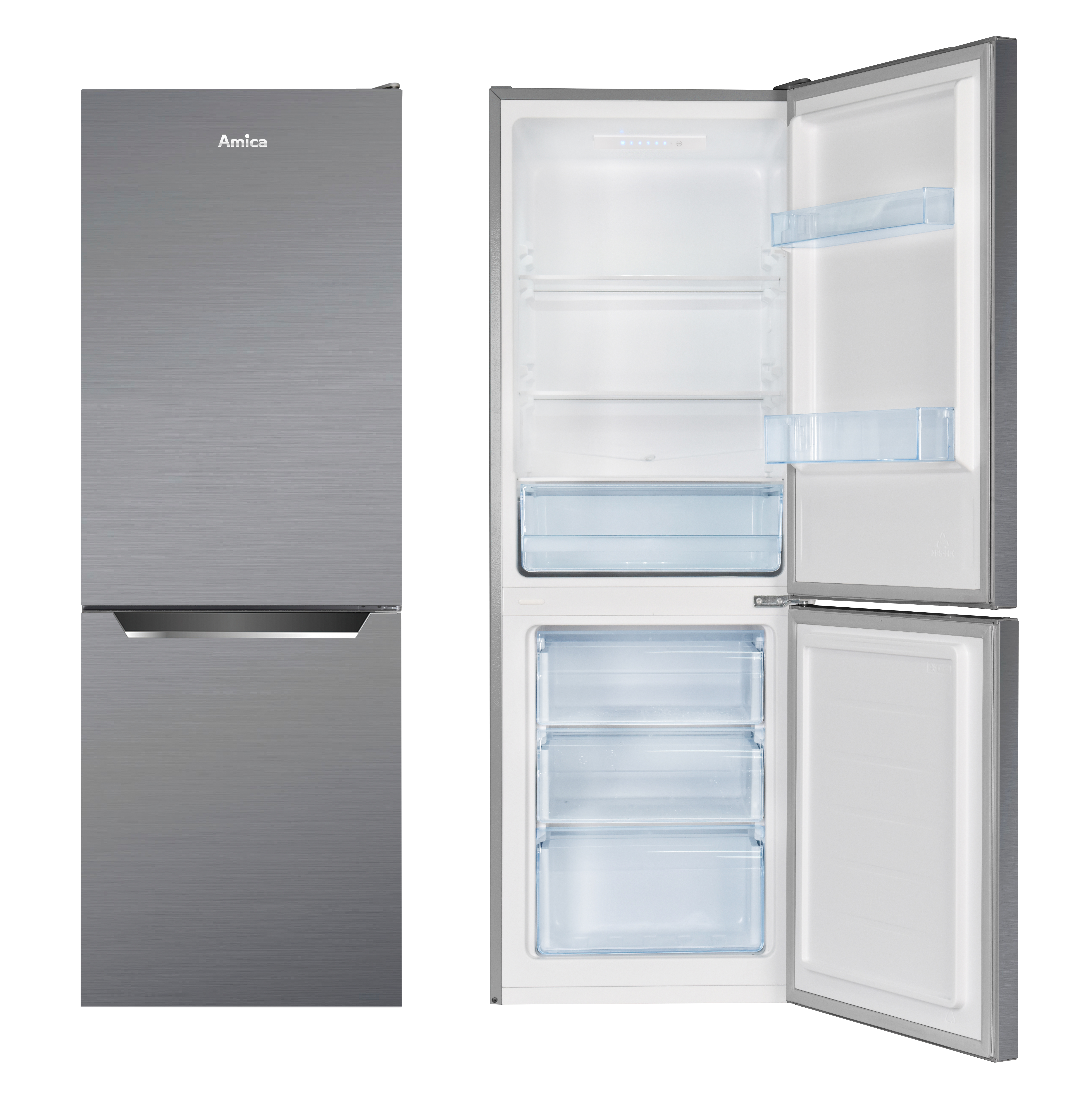 Silberner Kühlschrank mit offenen Türen, Regalen und Schubladen.