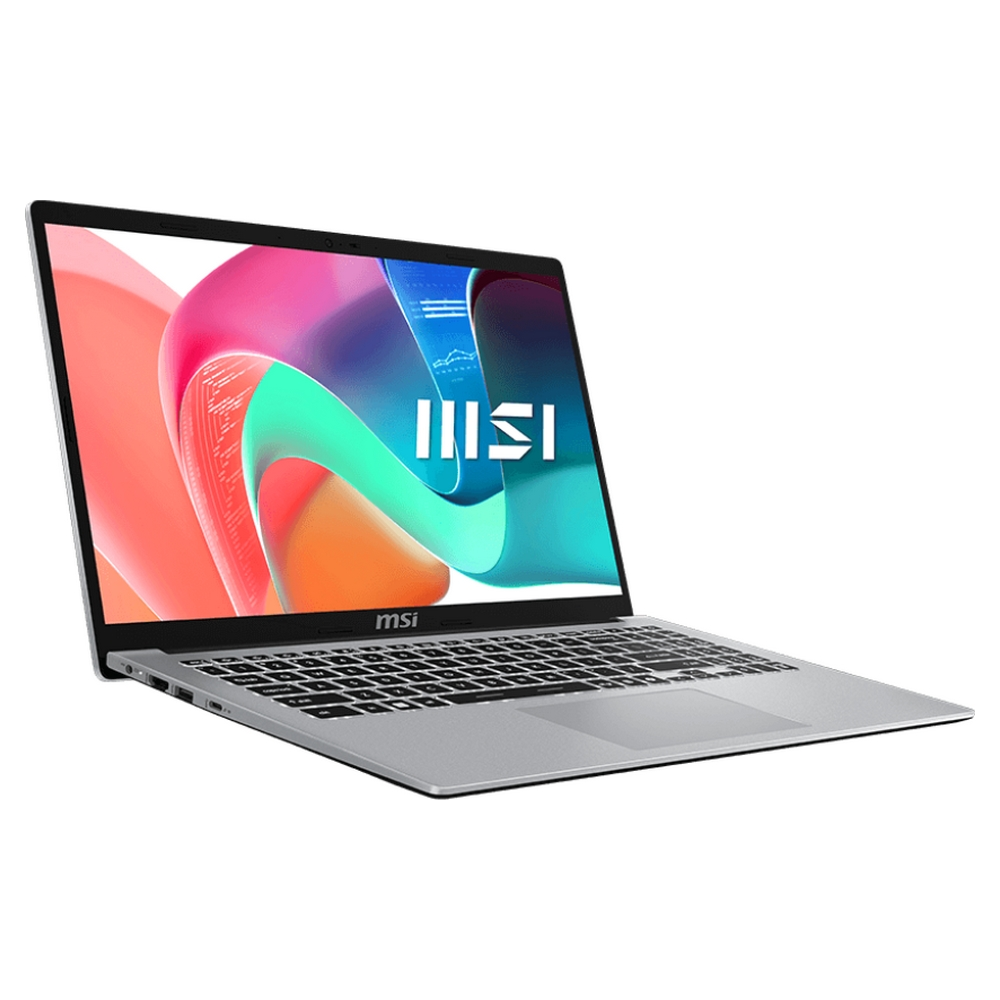 Laptop con logo MSI, vista angolata, colore argento.