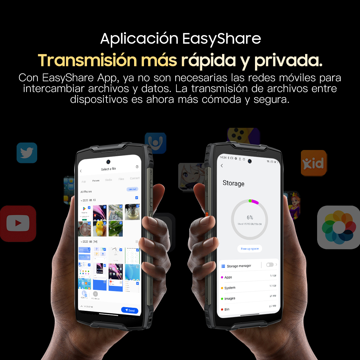 Manos sosteniendo smartphones con interfaces e iconos de aplicaciones. Texto arriba: EasyShare. Texto: Transmisión más rápida y privada.