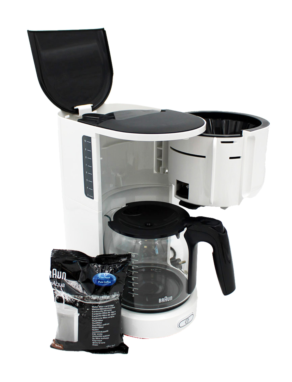Biały ekspres do kawy z otwartą pokrywą, karafką i opakowaniem filtra do kawy.