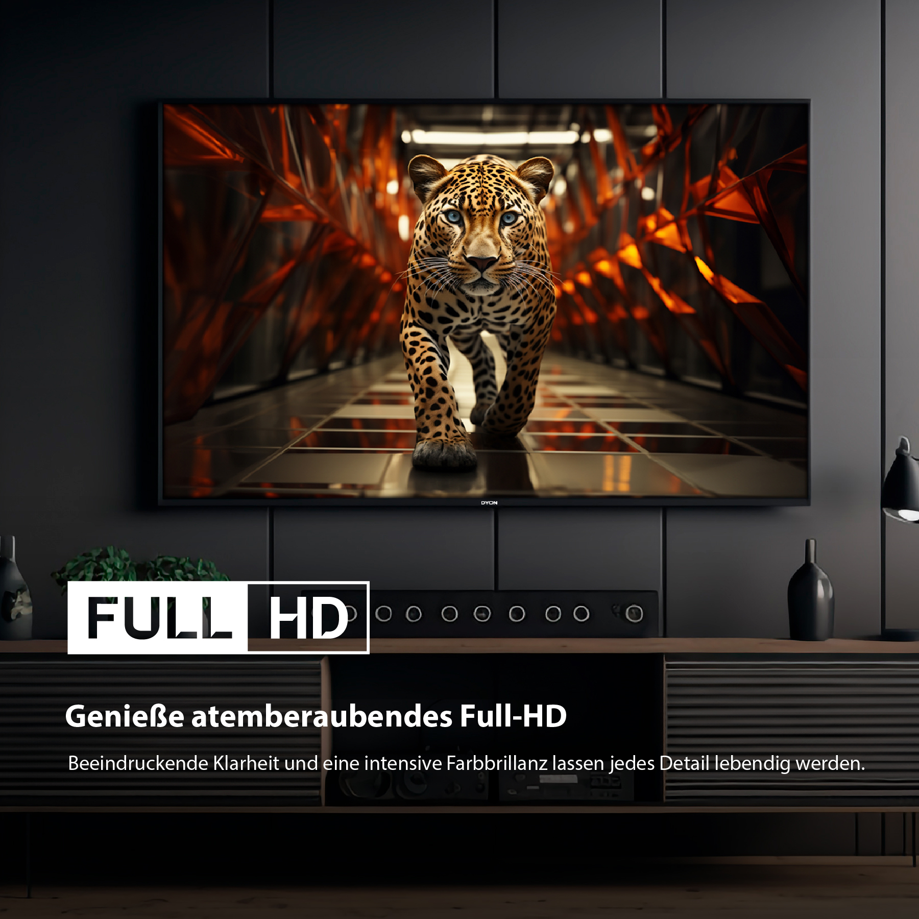 Duży ekran telewizora z obrazem lamparta. Poniżej soundbar i szafka z niemieckim tekstem.