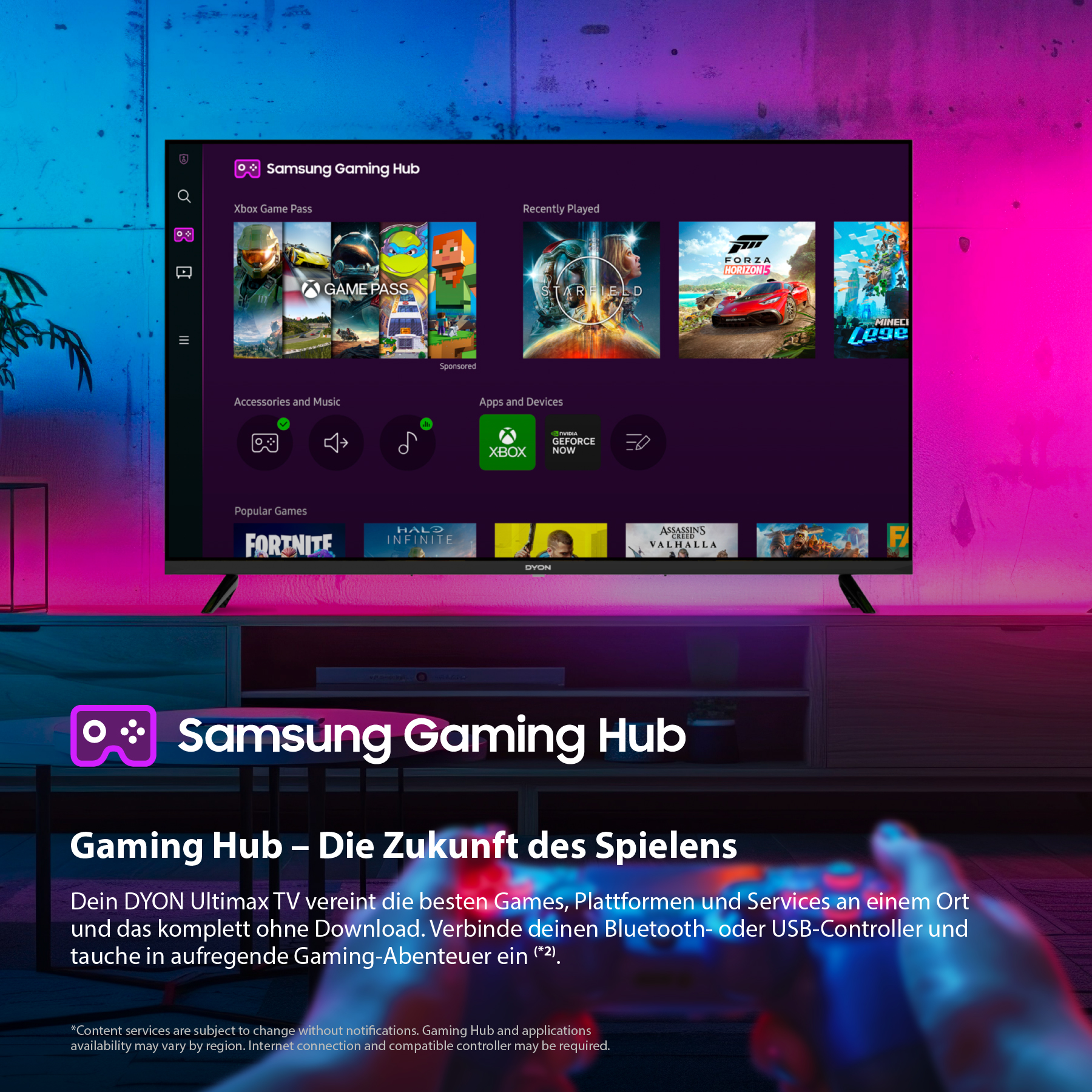 Ekran telewizora z interfejsem gier. Logo Samsung Gaming Hub na dole.