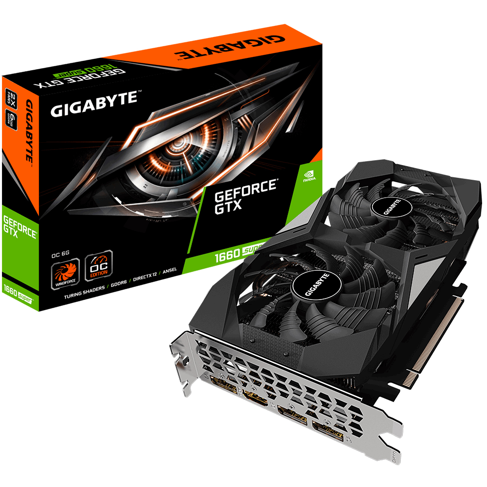 Tarjeta gráfica Gigabyte GeForce GTX 1660 SUPER con caja, diseño negro y naranja.