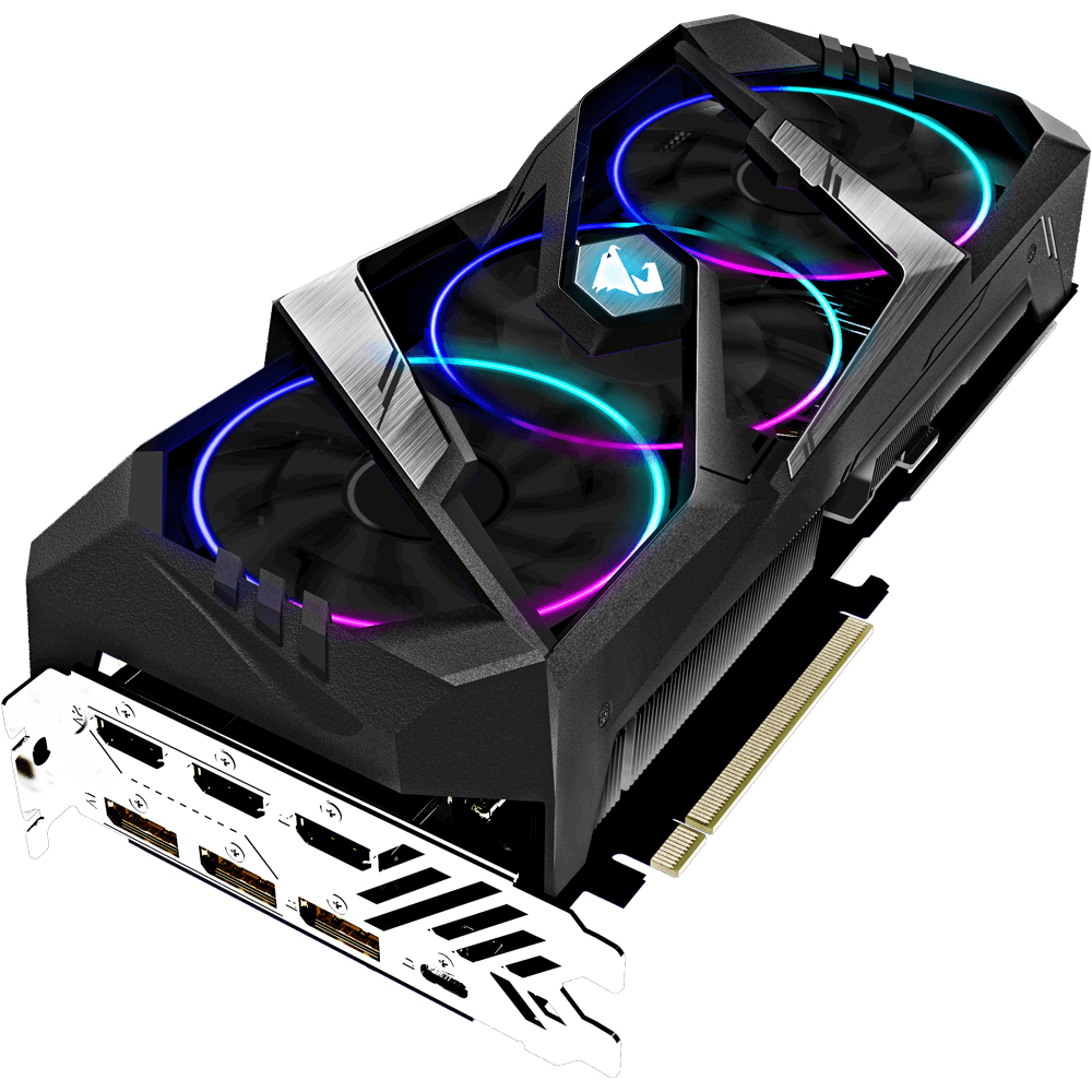 Tarjeta gráfica con tres ventiladores, carcasa negra y marca AORUS, vista superior.