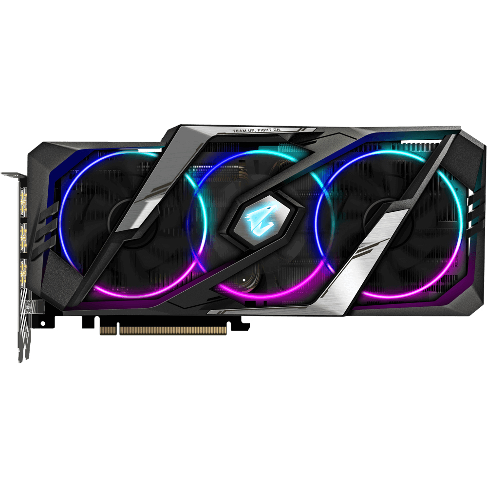 Tarjeta gráfica con tres ventiladores, diseño negro y plateado, iluminación RGB.