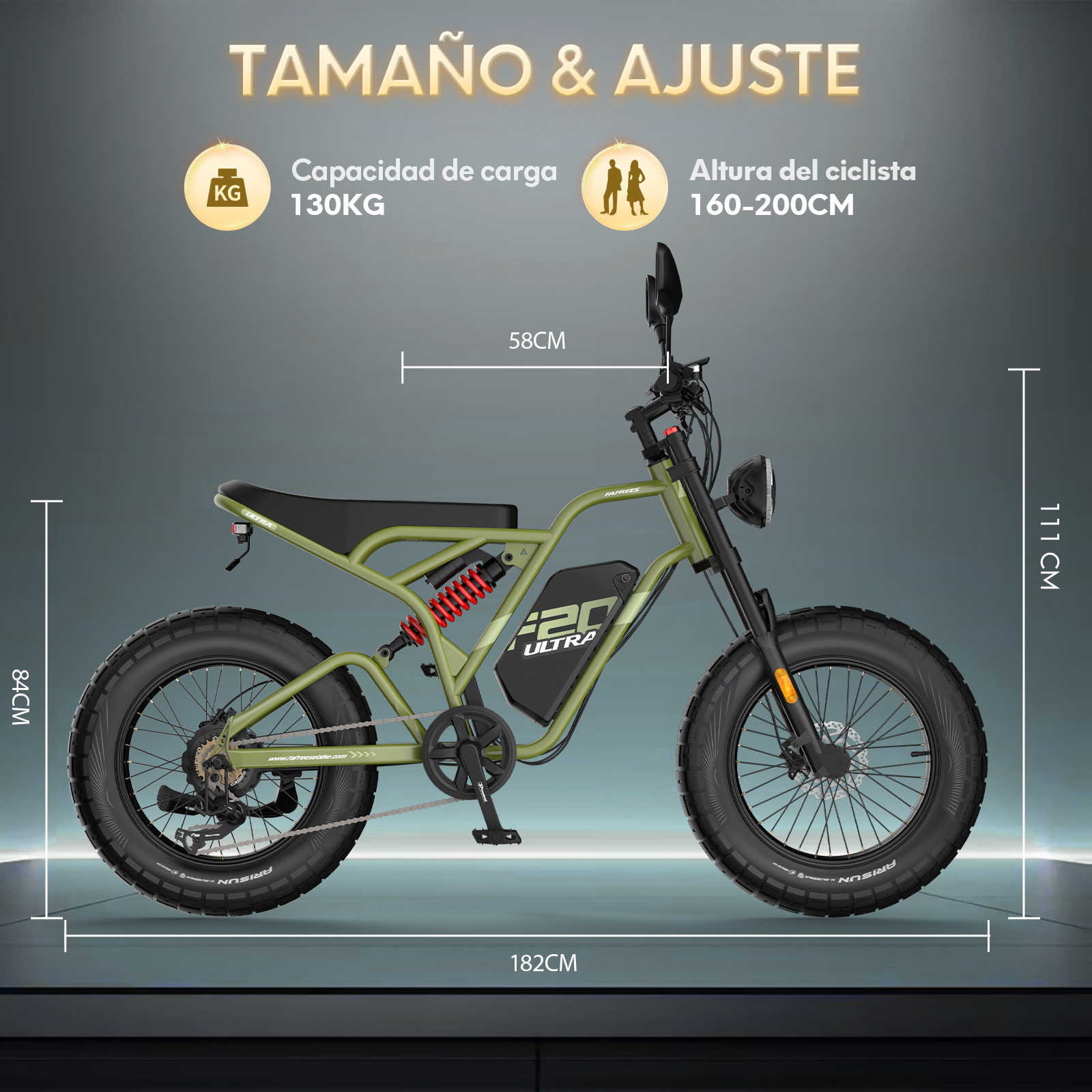 Bicicleta eléctrica verde con dimensiones. Muestra medidas: altura 111cm, largo 182cm, ancho 58cm.