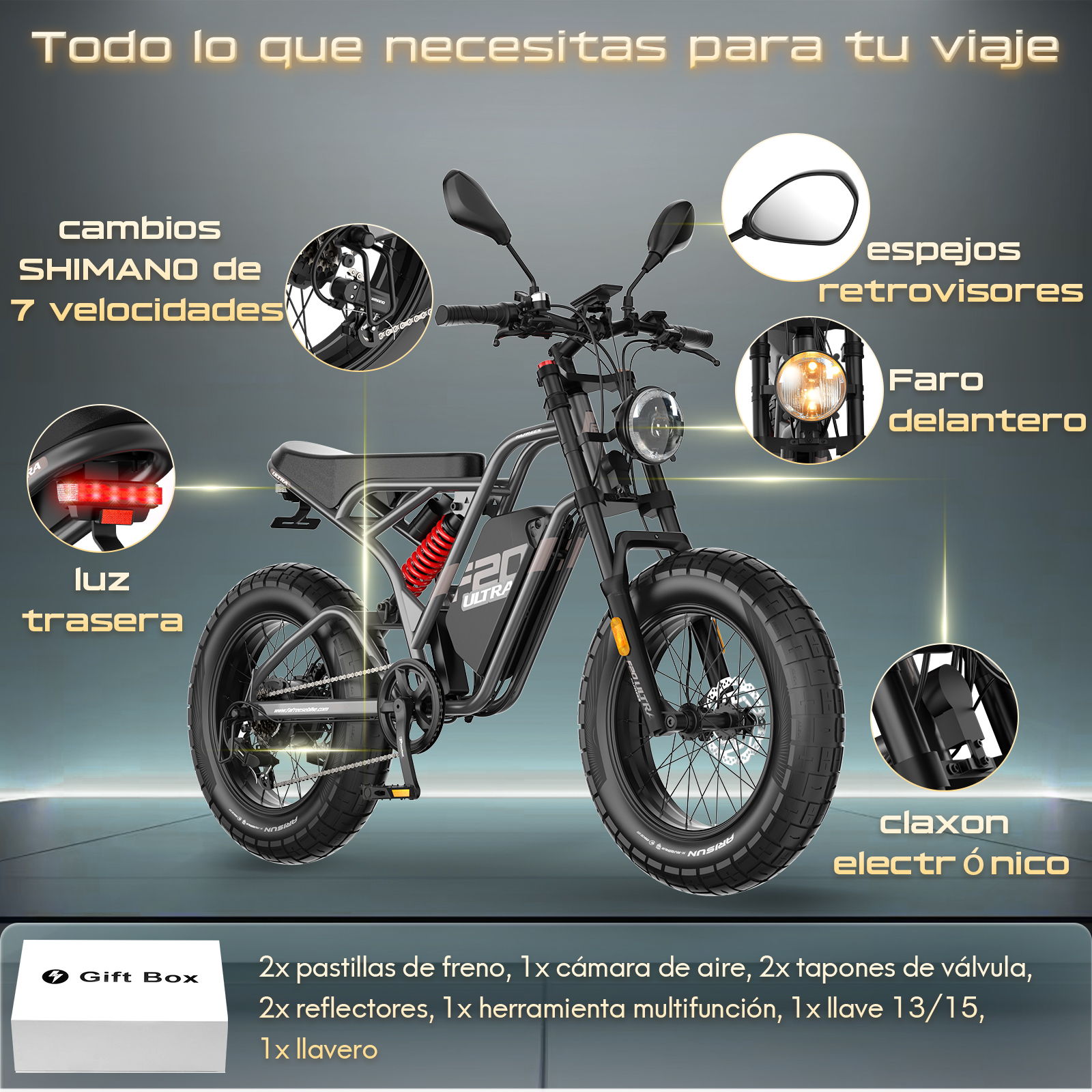 Bicicleta eléctrica con partes etiquetadas: motor, batería, asiento, suspensión, marchas, frenos.