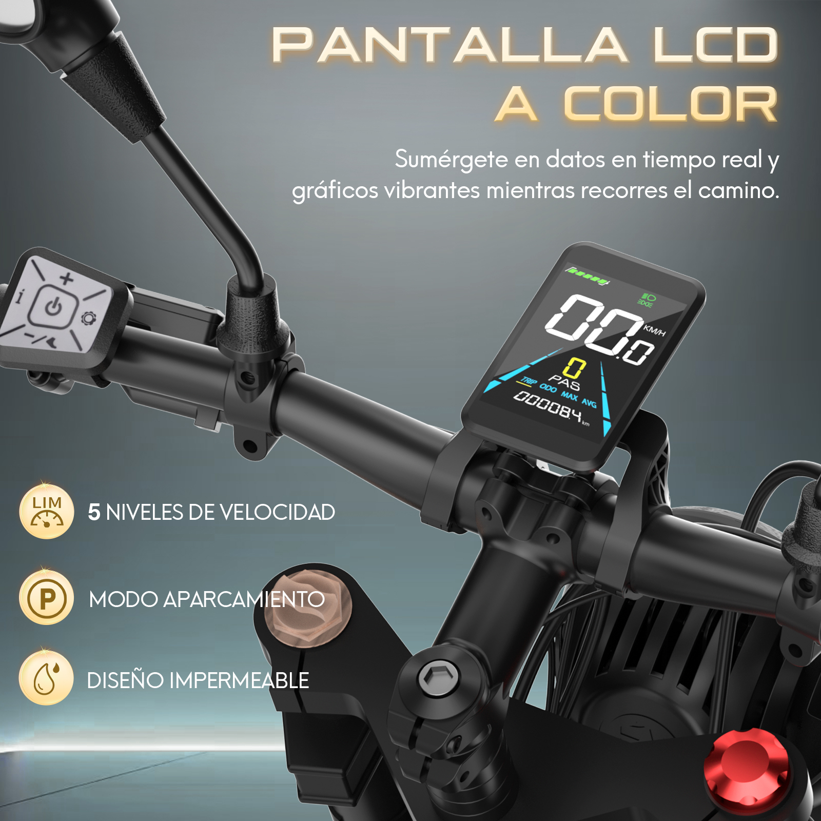 Manillar de bicicleta eléctrica con pantalla digital. Muestra velocidad y otros datos. Controles y pantalla.